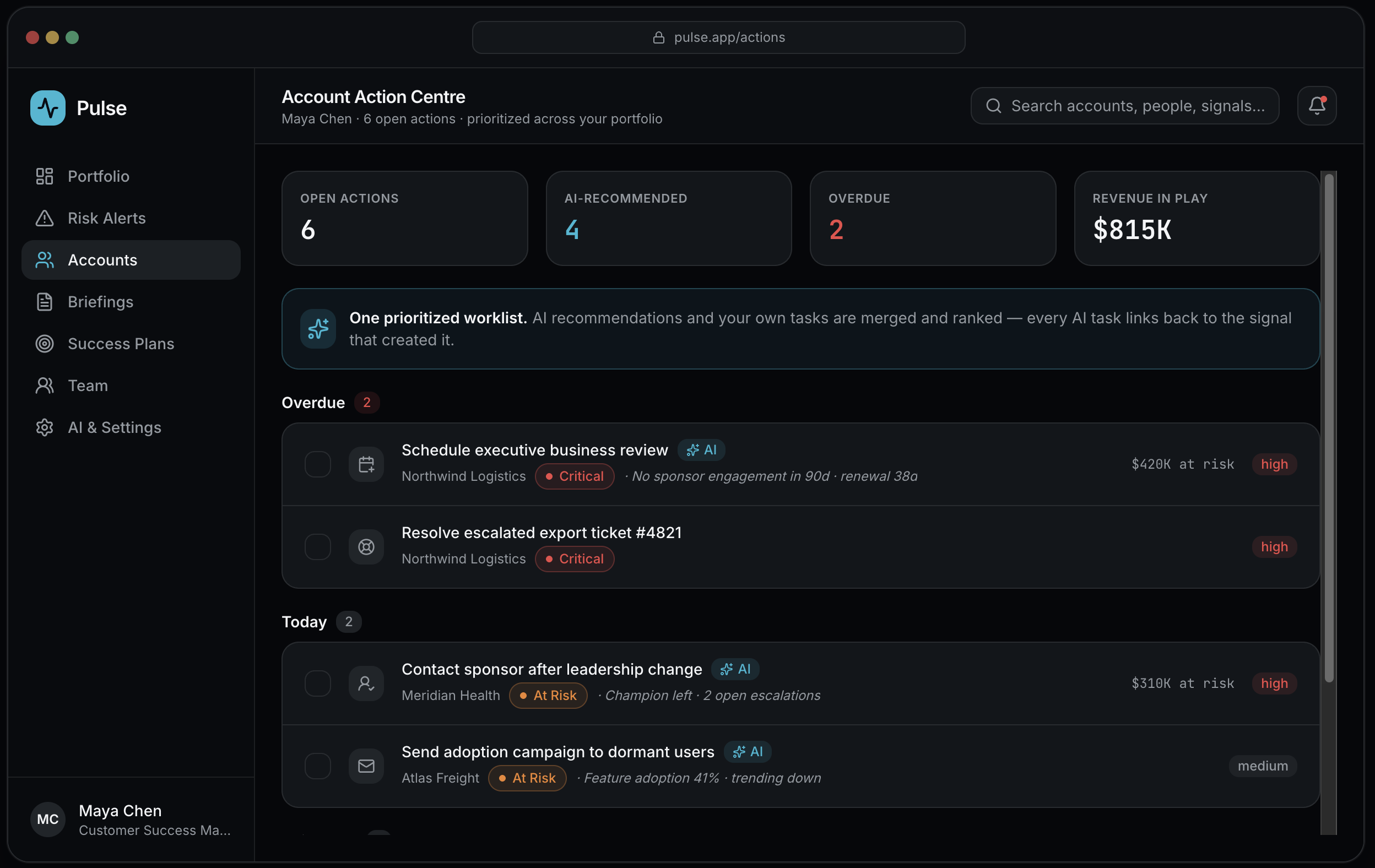 Screenshot of a dashboard from the Pulse app, showing account metrics, open actions, alerts, and recent task updates with status indicators such as high risk and critical.