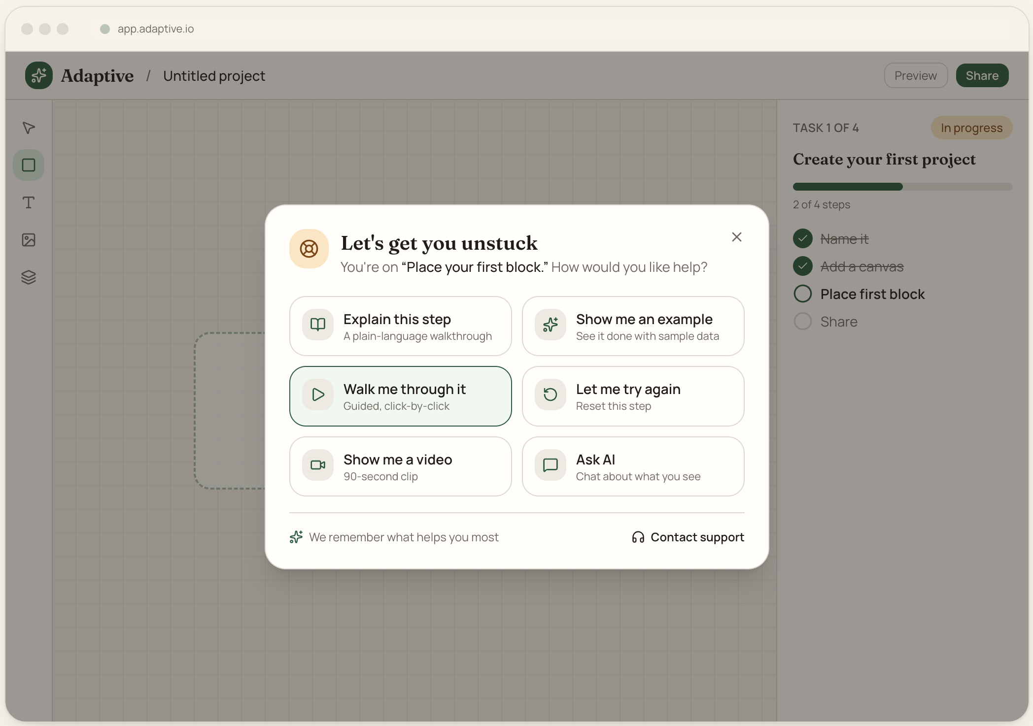 Screenshot of a task management app with a pop-up help menu titled 'Let's get you unstuck'. The menu offers options like explain this step, show me an example, walk me through it, show me a video, and ask AI. In the background, the app displays a project called 'Untitled project' with tasks and progress indicators.