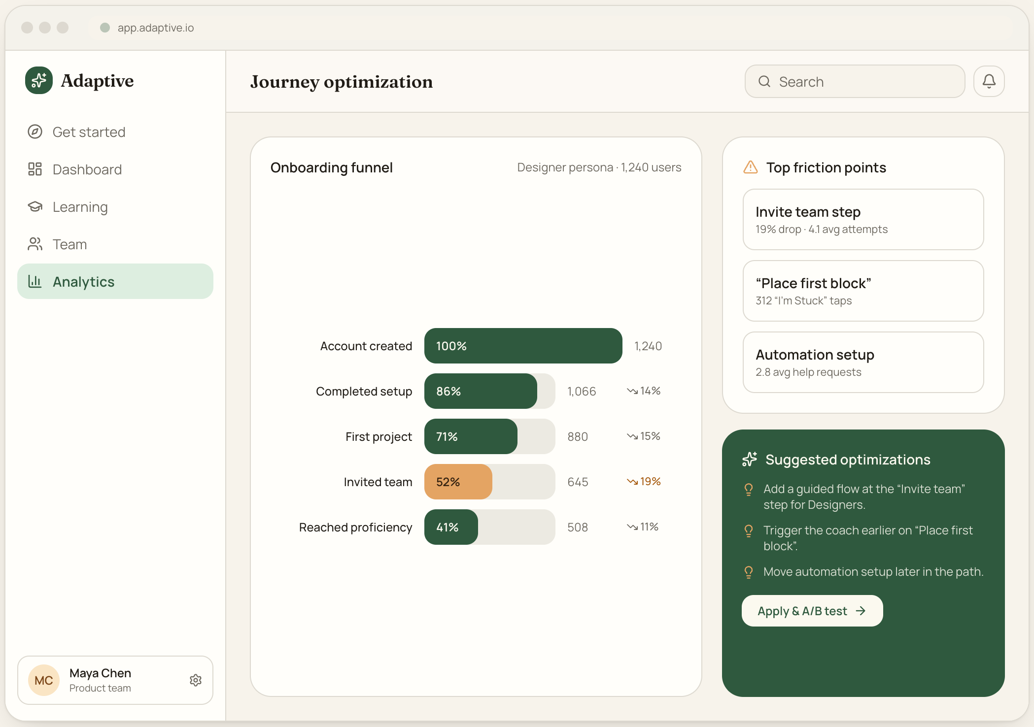 Screenshot of the Adaptive Journey Optimization web application showing analytics data, top friction points, and suggested optimizations for a user interface.