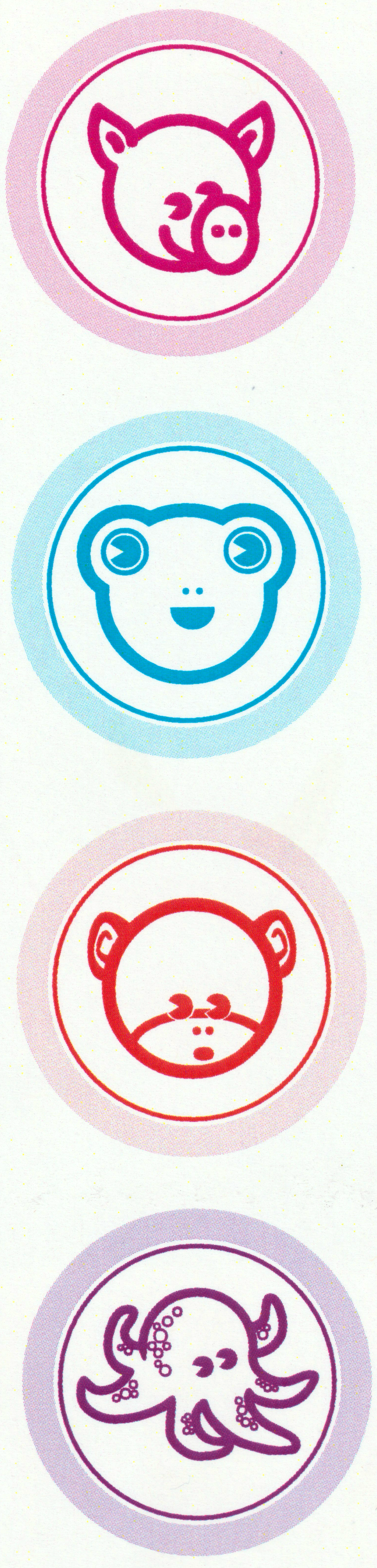 Four circular icons with animal faces: a pink pig, a blue frog, a red monkey, and a purple octopus, each in a colored circle.