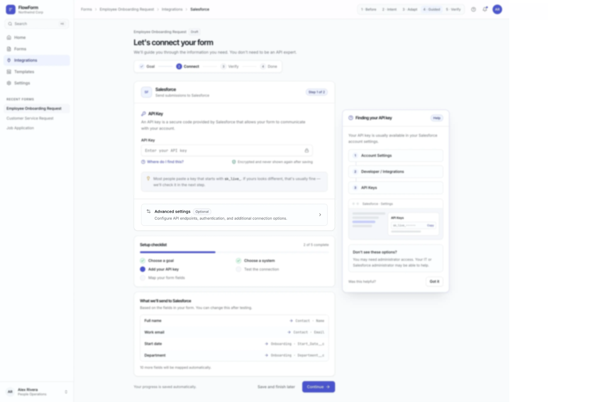 Screenshot of a web page form titled 'Let's connect your form' with steps for goal, connect, verify, and done, showing Salesforce integration, API key input, and advanced settings.