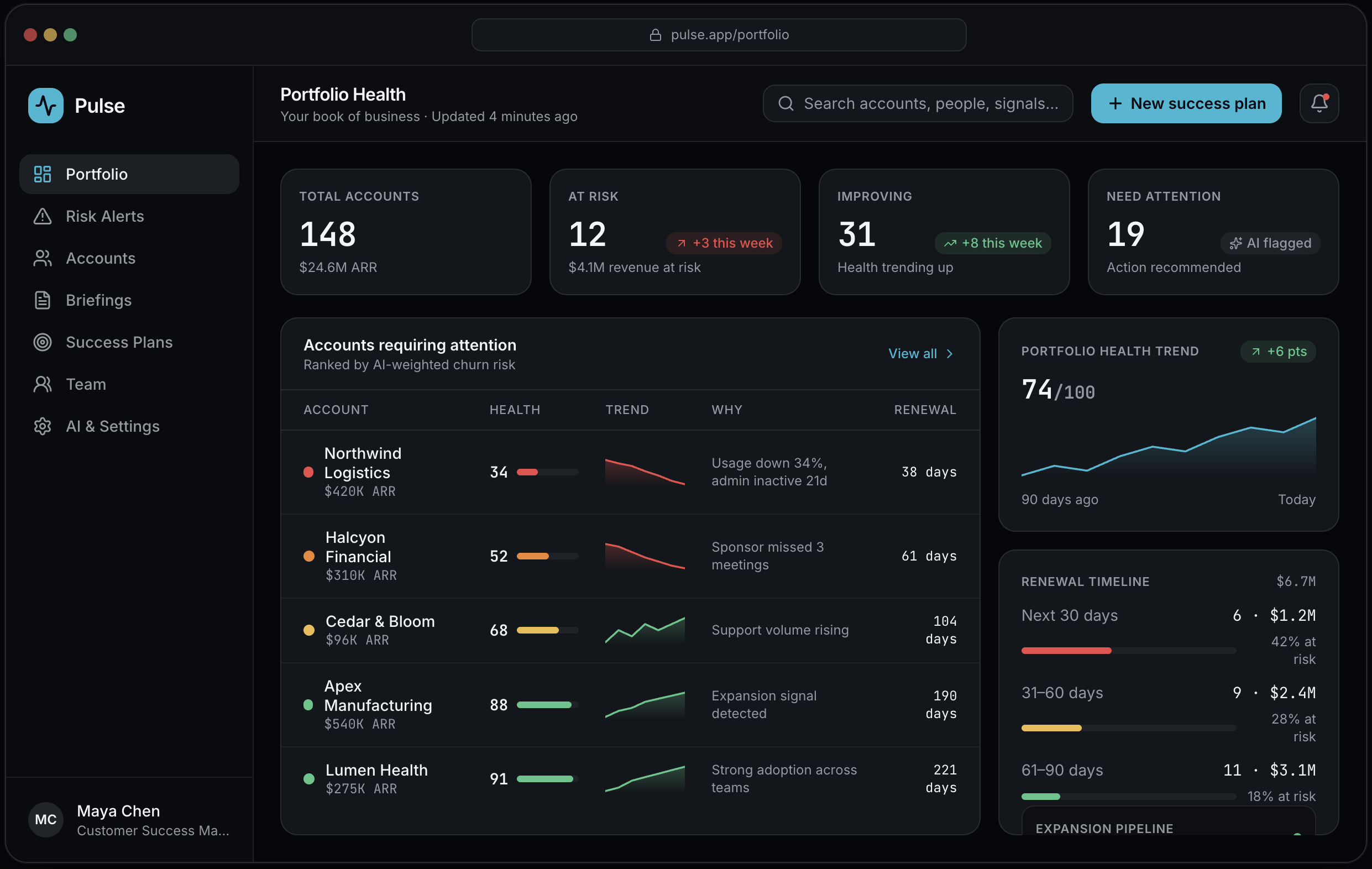 Dashboard of a business portfolio management app showing metrics such as total accounts, accounts at risk, improving accounts, and those needing attention, with account details and performance graphs.