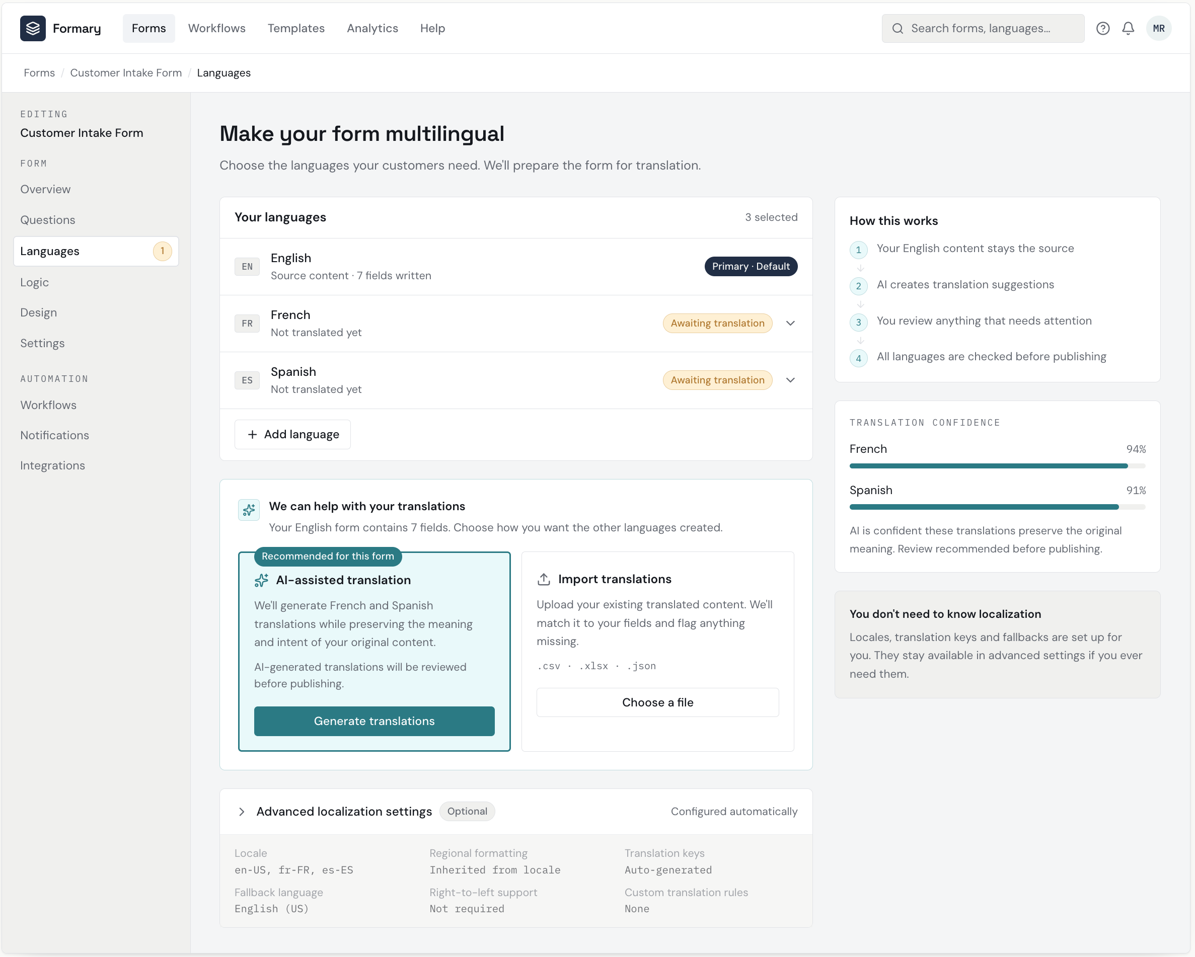 Screenshot of a website page titled 'Make your form multilingual' showing options to select languages for translation like English, French, and Spanish, with a section on how the translation process works and a button to generate translations.