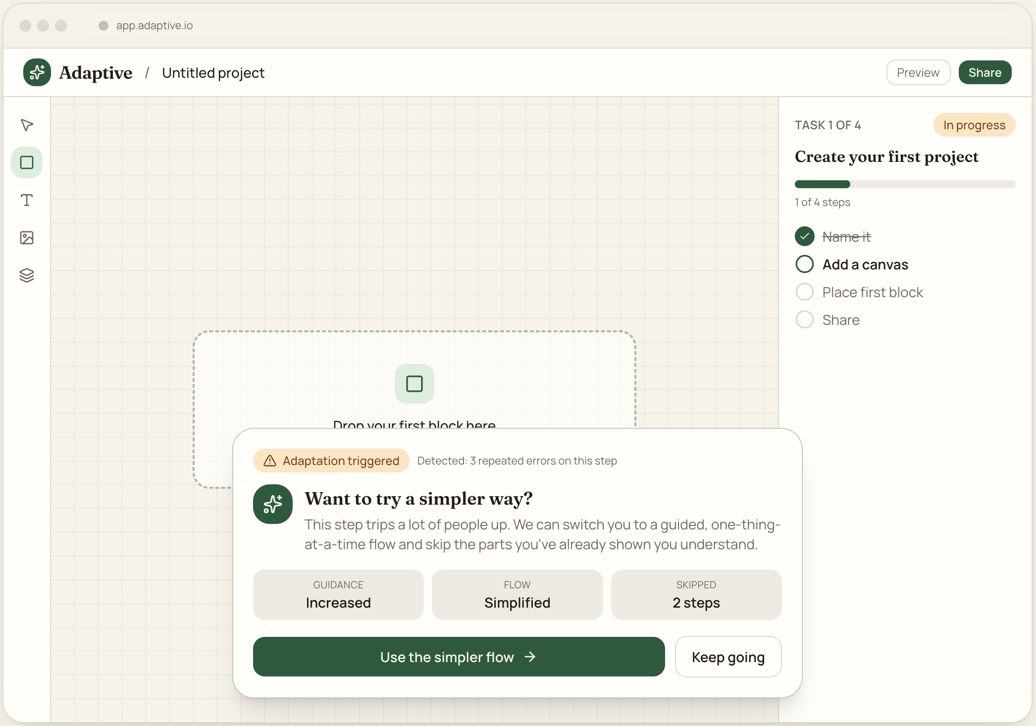 Screenshot of a web page titled 'Adaptive' showing a project creation interface with a progress bar, step instructions, and options to create a project or use a simplified flow.
