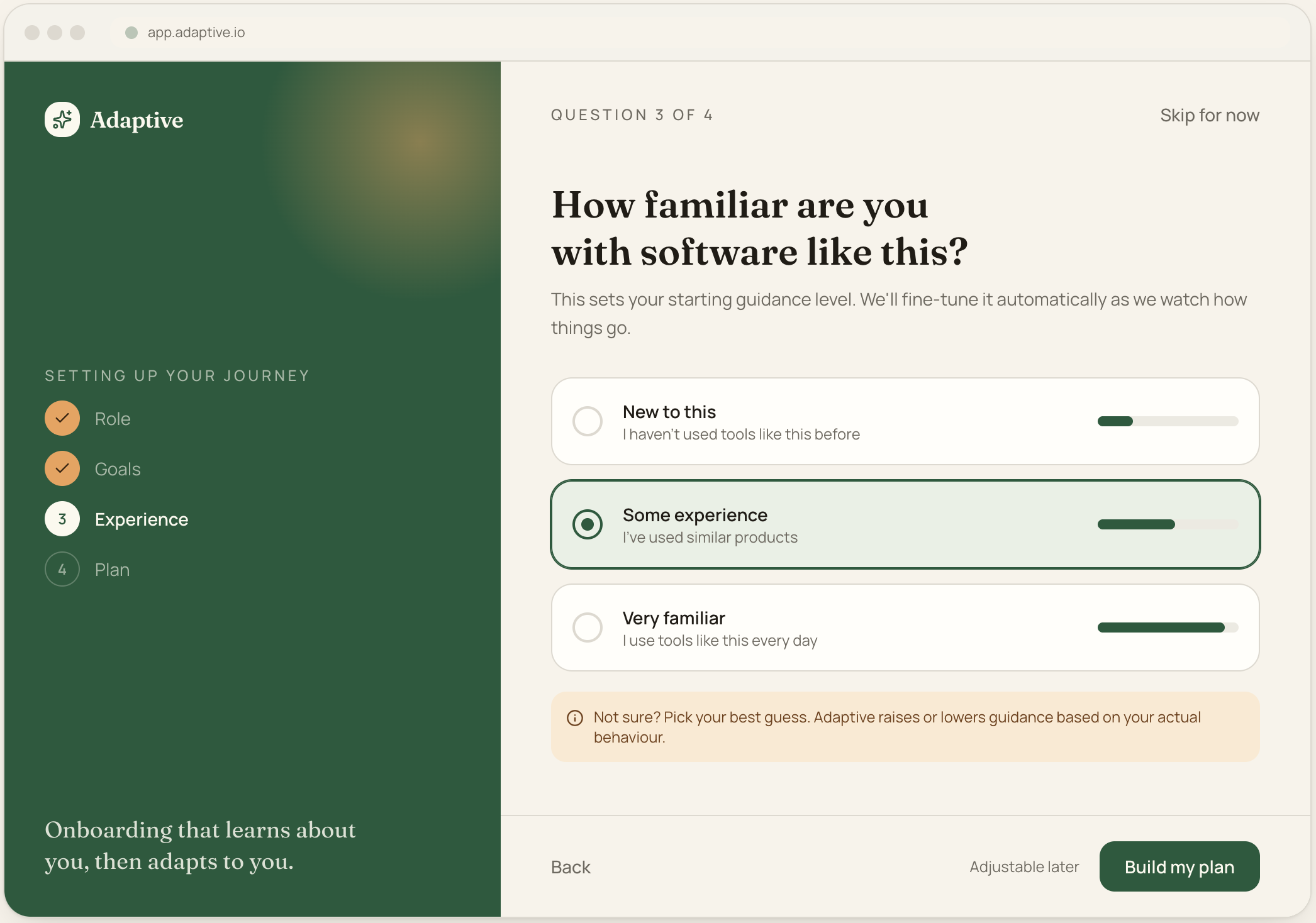 Screenshot of an online assessment page with a green and beige color scheme. The question asks about familiarity with software, with options ranging from 'New to this' to 'Very familiar.' The left side features a menu with options Role, Goals, Experience, and Plan. There are buttons labeled 'Skip for now' and 'Build my plan'.