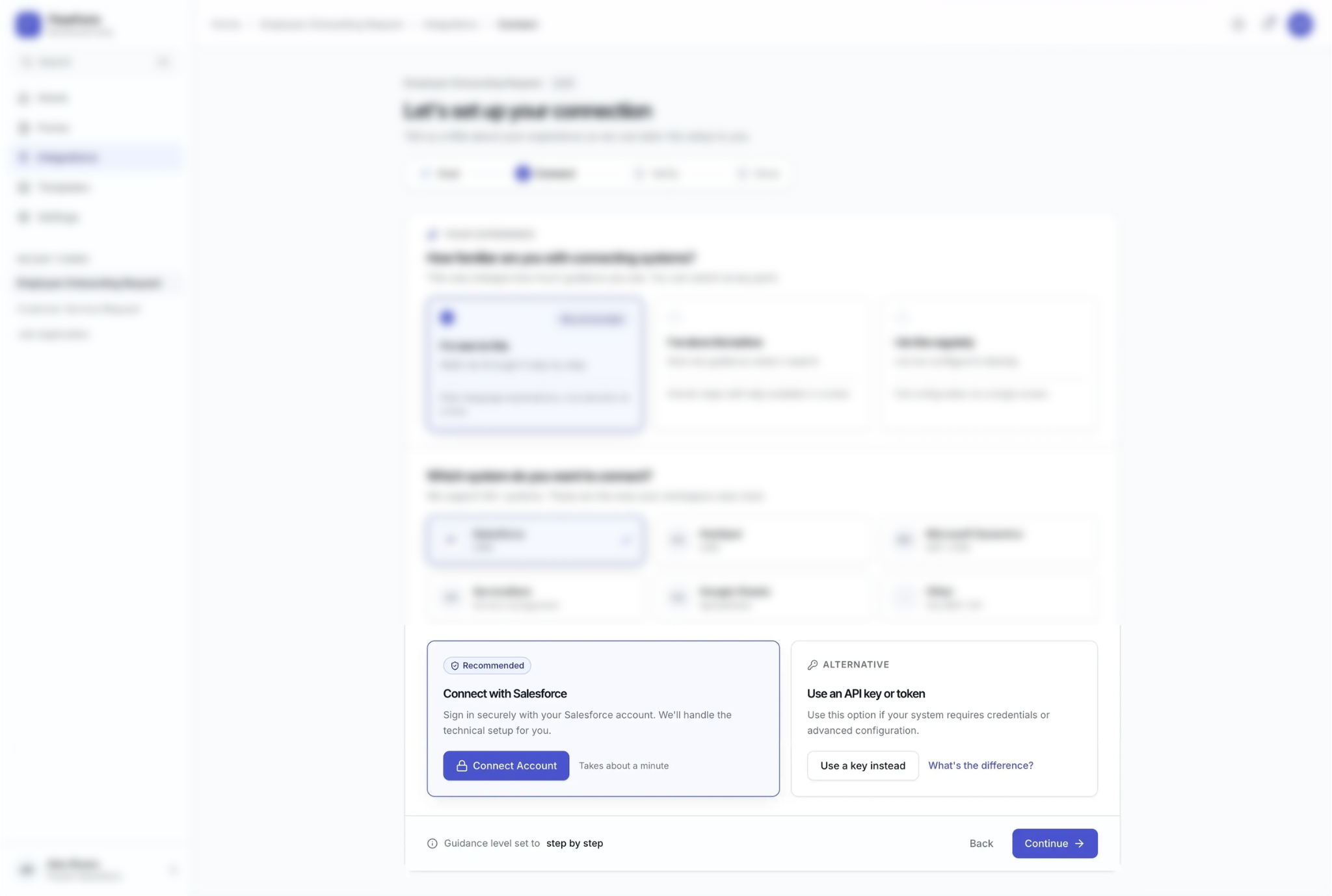 Screenshot of a webpage for connecting a Salesforce account, featuring options to use an API key or token, with a 'Connect Account' button.