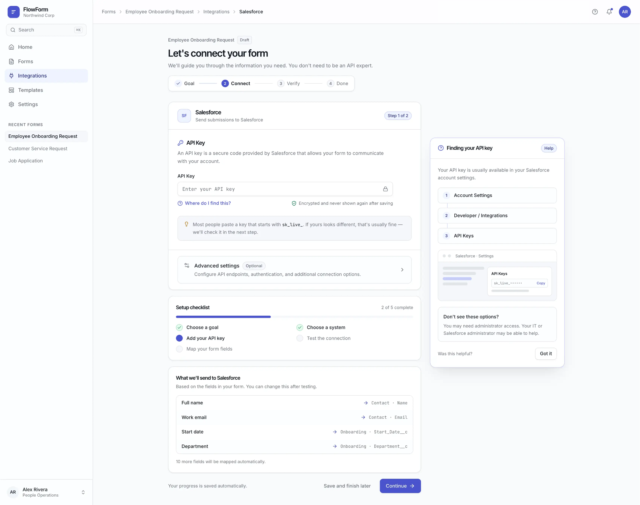Screenshot of an online form builder interface for creating an employee onboarding request, showing steps to connect with Salesforce via API key.