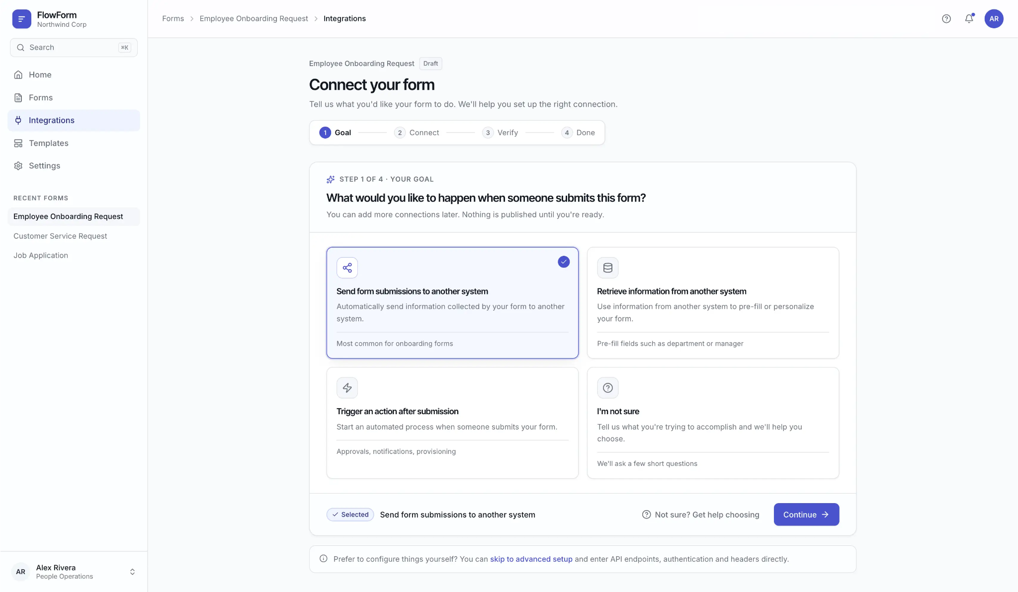 Screenshot of a web page in a form builder application, showing the 'Connect your form' setup process with options for automating form submissions and linking to other systems.