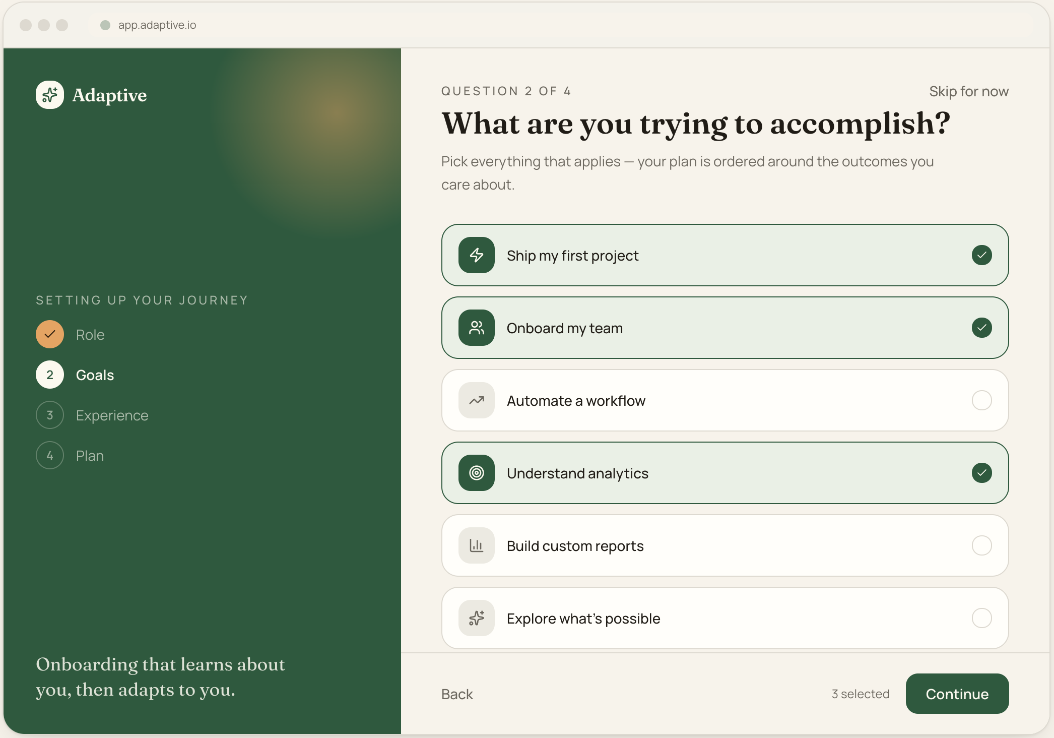 Screenshot of a web page from adaptive.io showing a quiz with the question 'What are you trying to accomplish?' and options including 'Ship my first project,' 'Onboard my team,' 'Automate a workflow,' 'Understand analytics,' and 'Build custom reports.'