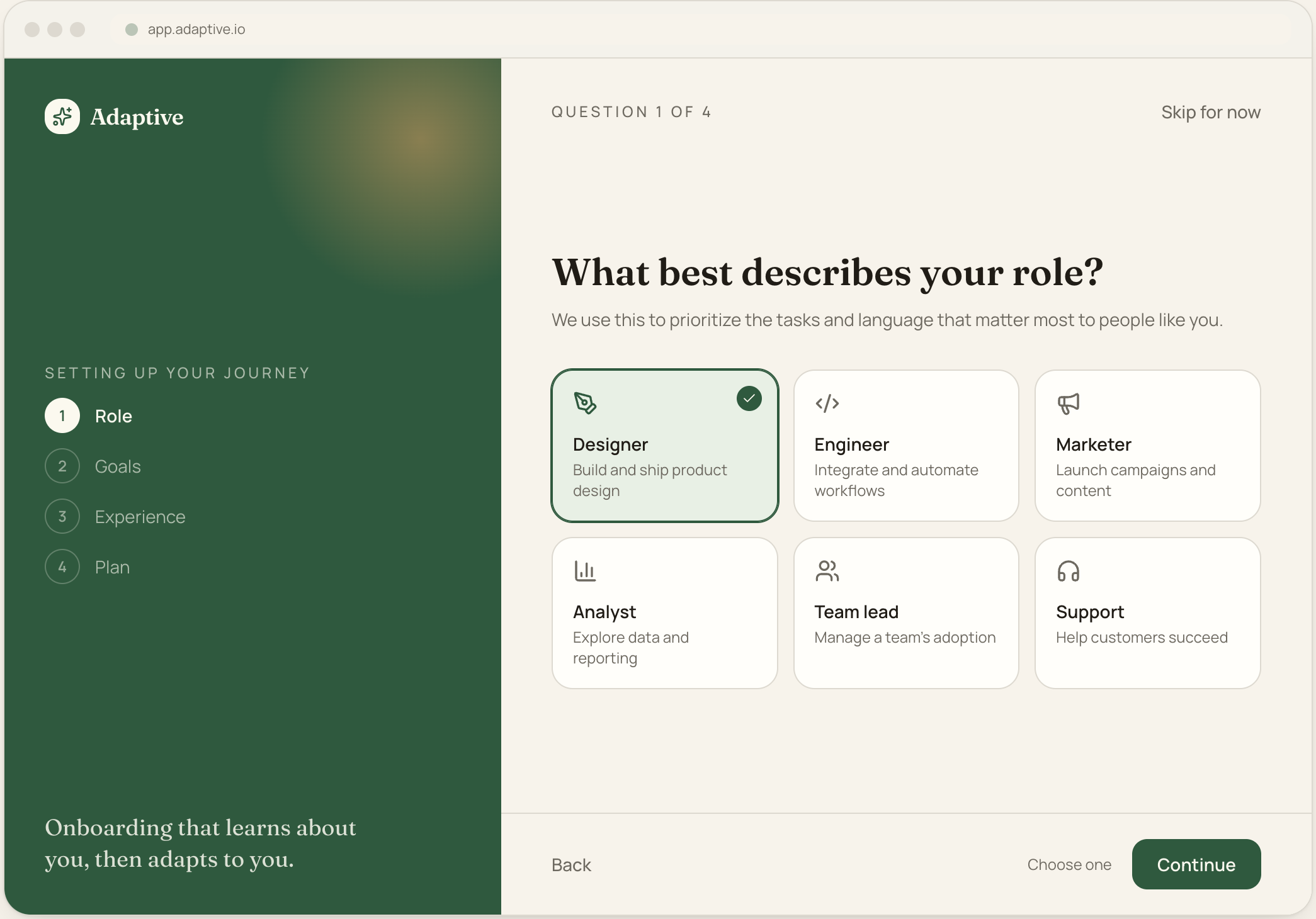 A screenshot of a web page from adaptive.io showing a four-question onboarding process. The current question asks, "What best describes your role?" with options including Designer, Engineer, Marketer, Analyst, Team lead, and Support.