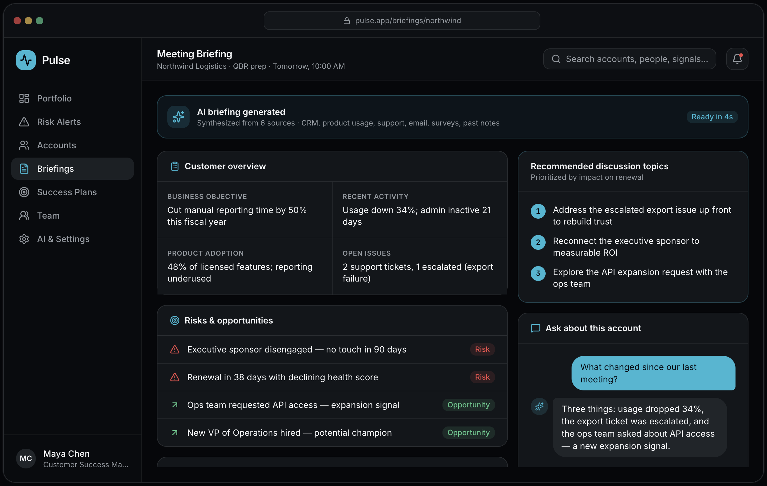 Screenshot of a computer screen showing a dashboard for a software called Pulse. The dashboard includes various menu options on the left side such as Portfolio, Risk Alerts, Accounts, Briefings, Success Plans, Team, and AI & Settings. The main section displays a Meeting Briefing titled 'Northwind Logistics - QBR prep - Tomorrow, 10:00 AM' with some generated AI content and a brief summary of recent activities and issues related to the business objective, product adoption, recent activity, open issues, and risks.