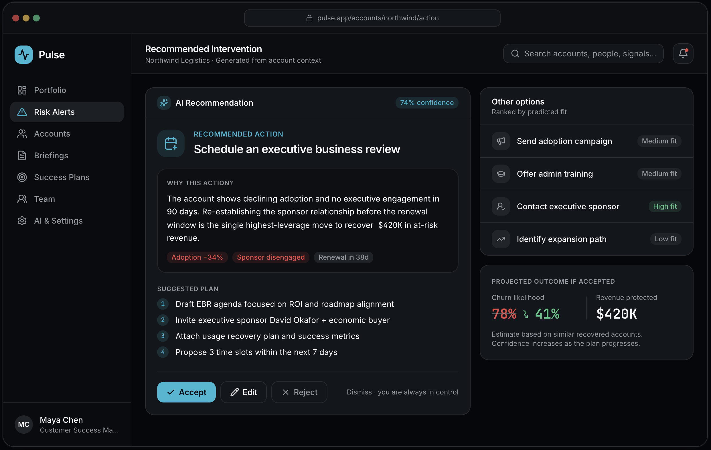 Screenshot of a dashboard for Pulse with a project titled 'Schedule an executive business review,' showing a 74% confidence level in AI recommendation, with options to accept, edit, reject, or dismiss, and a sidebar menu including Portfolio, Risk Alerts, Accounts, Briefings, Success Plans, Team, and AI & Settings.