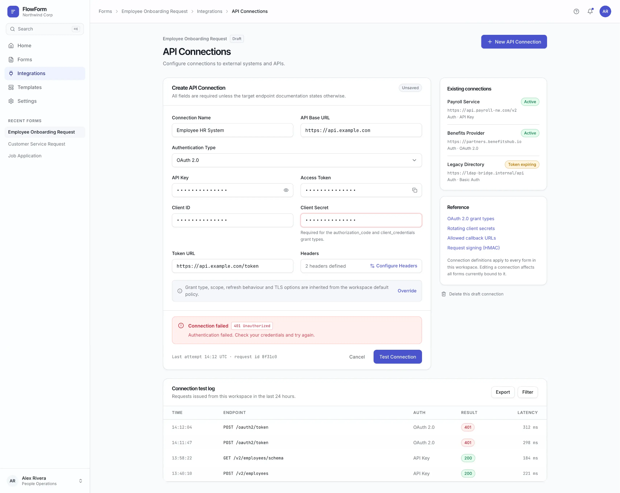 Screenshot of a web-based application interface for API connections, showing forms to create and test API connection settings, with status indicators, error messages, and a navigation menu on the left.