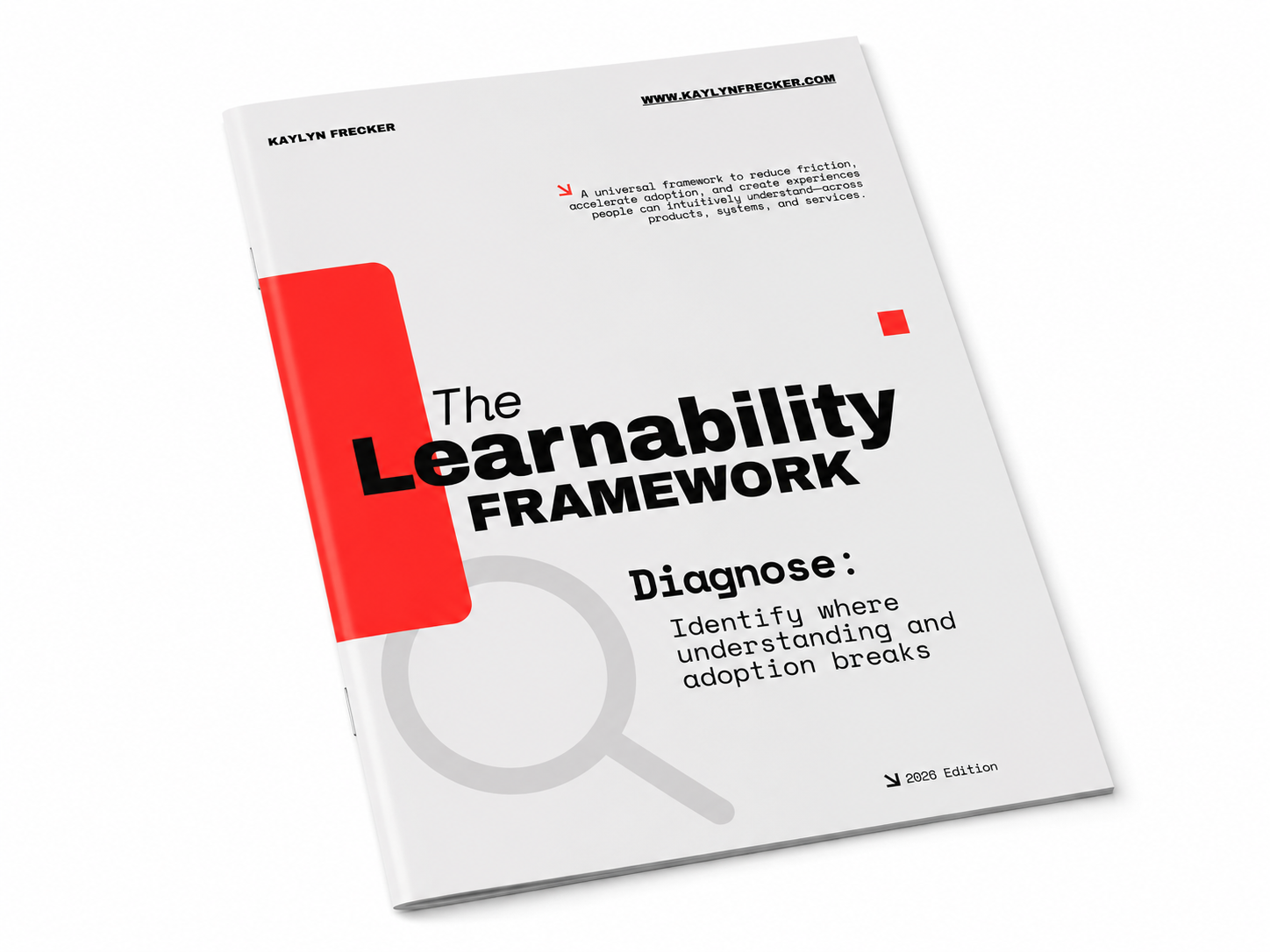 Cover of a book titled 'The Learnability Framework' with a red and gray magnifying glass icon, featuring sections 'Diagnose' and a subtitle about assessing understanding and adoption