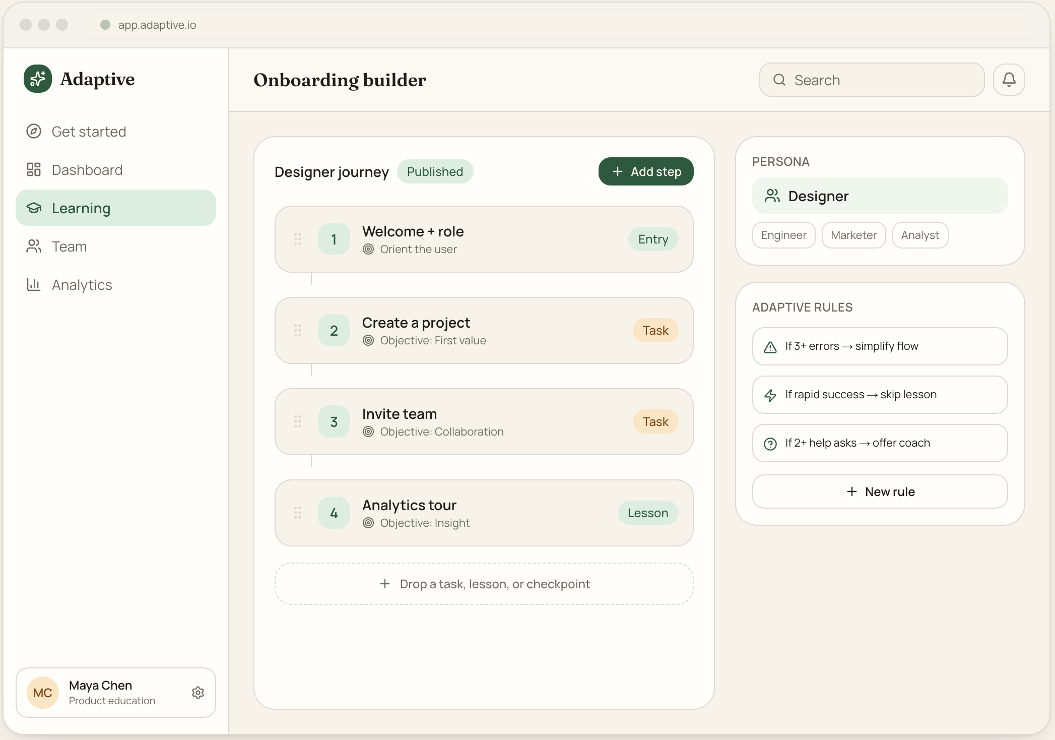 Screenshot of an online onboarding builder webpage with a side menu, main workflow steps named Welcome + role, Create a project, Invite team, Analytics tour, with labels such as Published, Entry, Task, Lesson, and a user profile labeled Maya Chen.