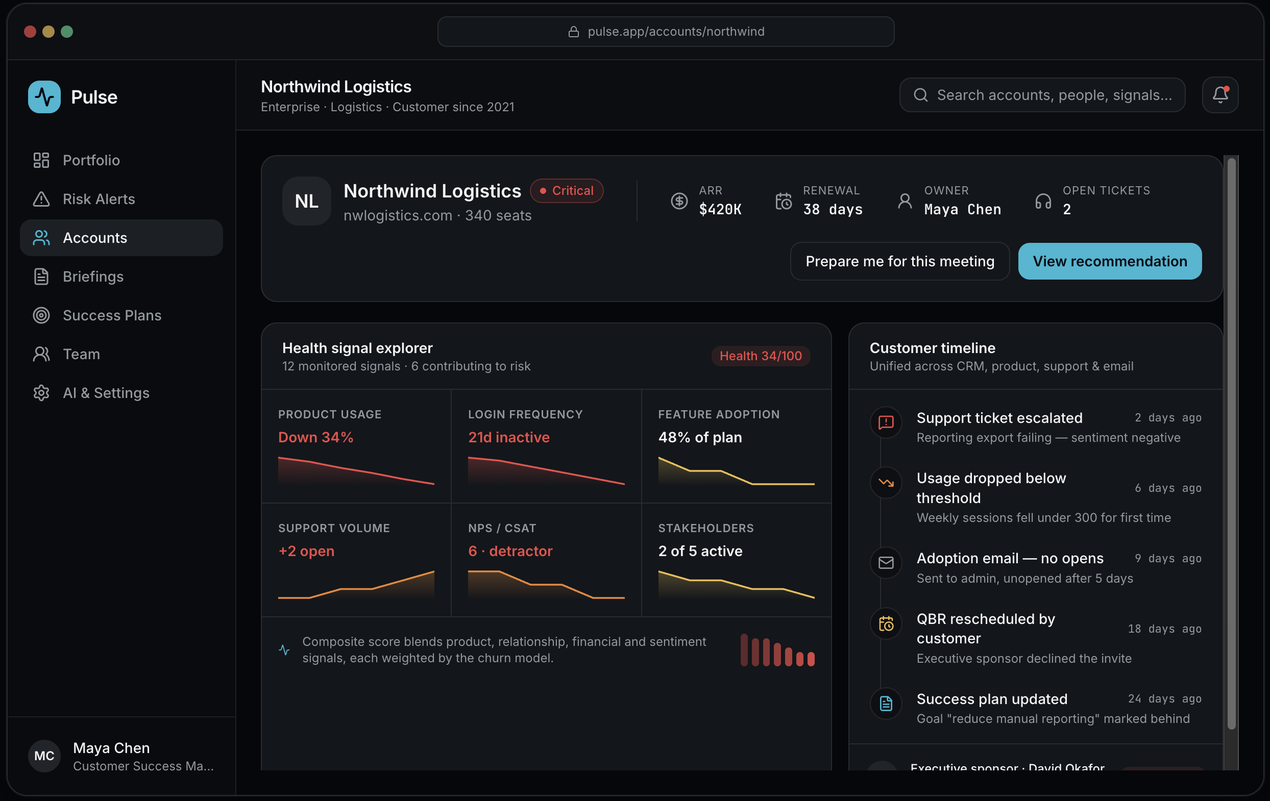 Screenshot of a dark-themed analytics dashboard for Northwind Logistics on Pulse platform, showing alerts, account details, health signal metrics, and recent activity updates.