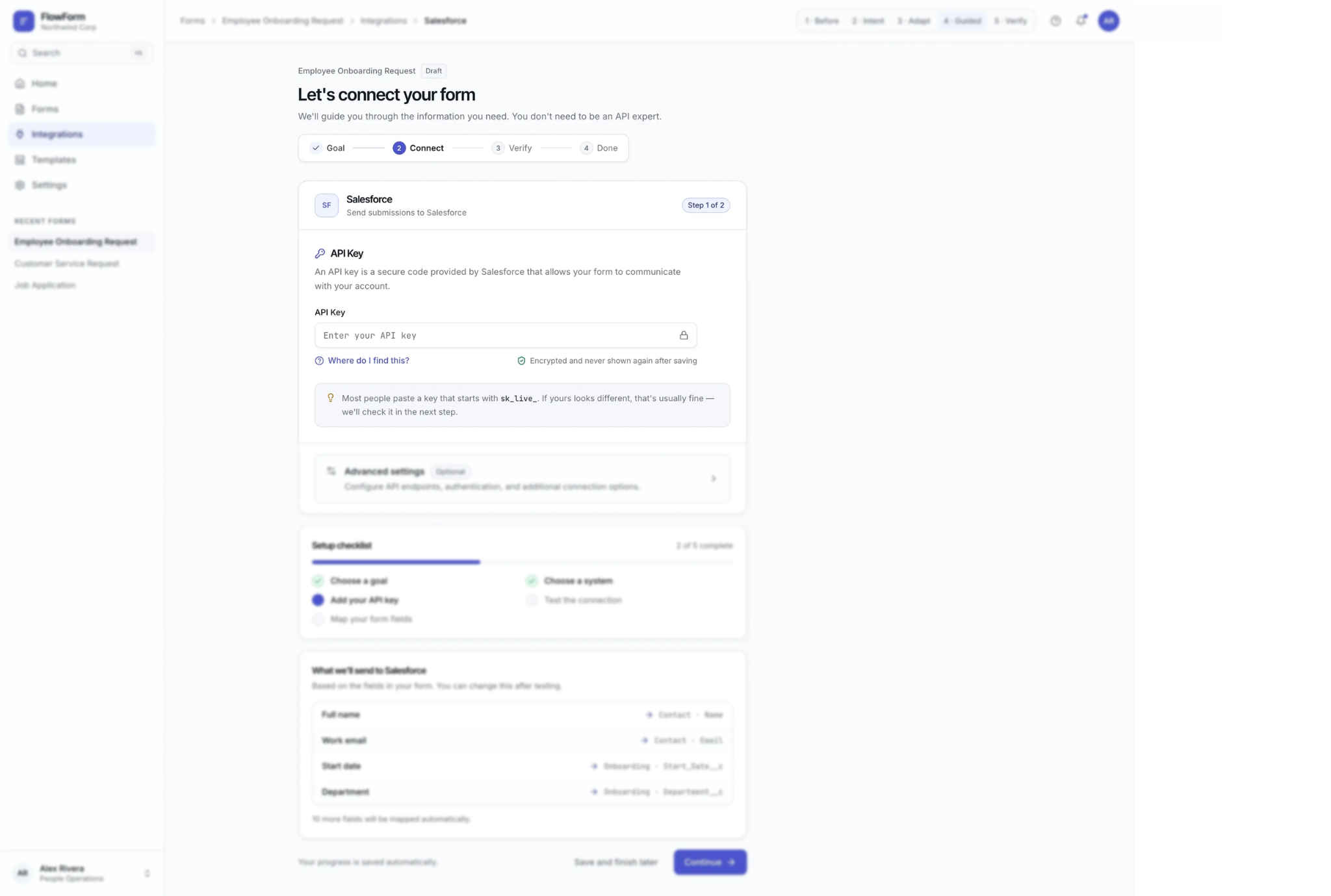Screenshot of a Salesforce employee onboarding form with sections for connecting to Salesforce and entering an API key.
