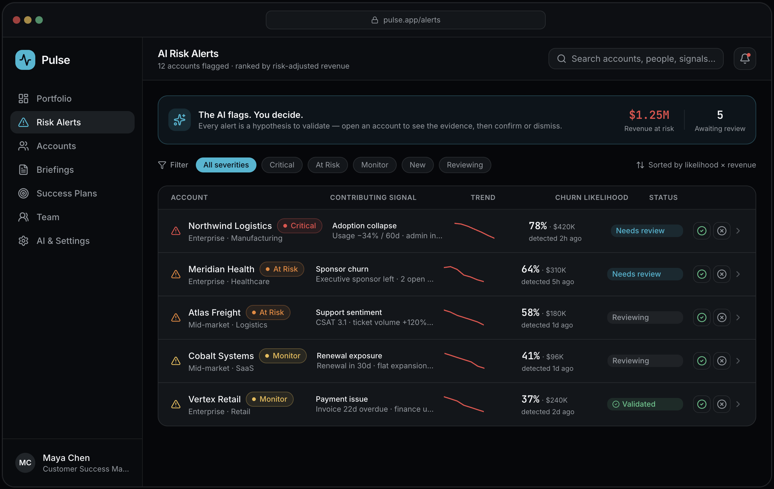 Screenshot of a computer screen displaying a dashboard titled 'AI Risk Alerts' with various account warnings and risk levels, including critical, at risk, and monitoring statuses.