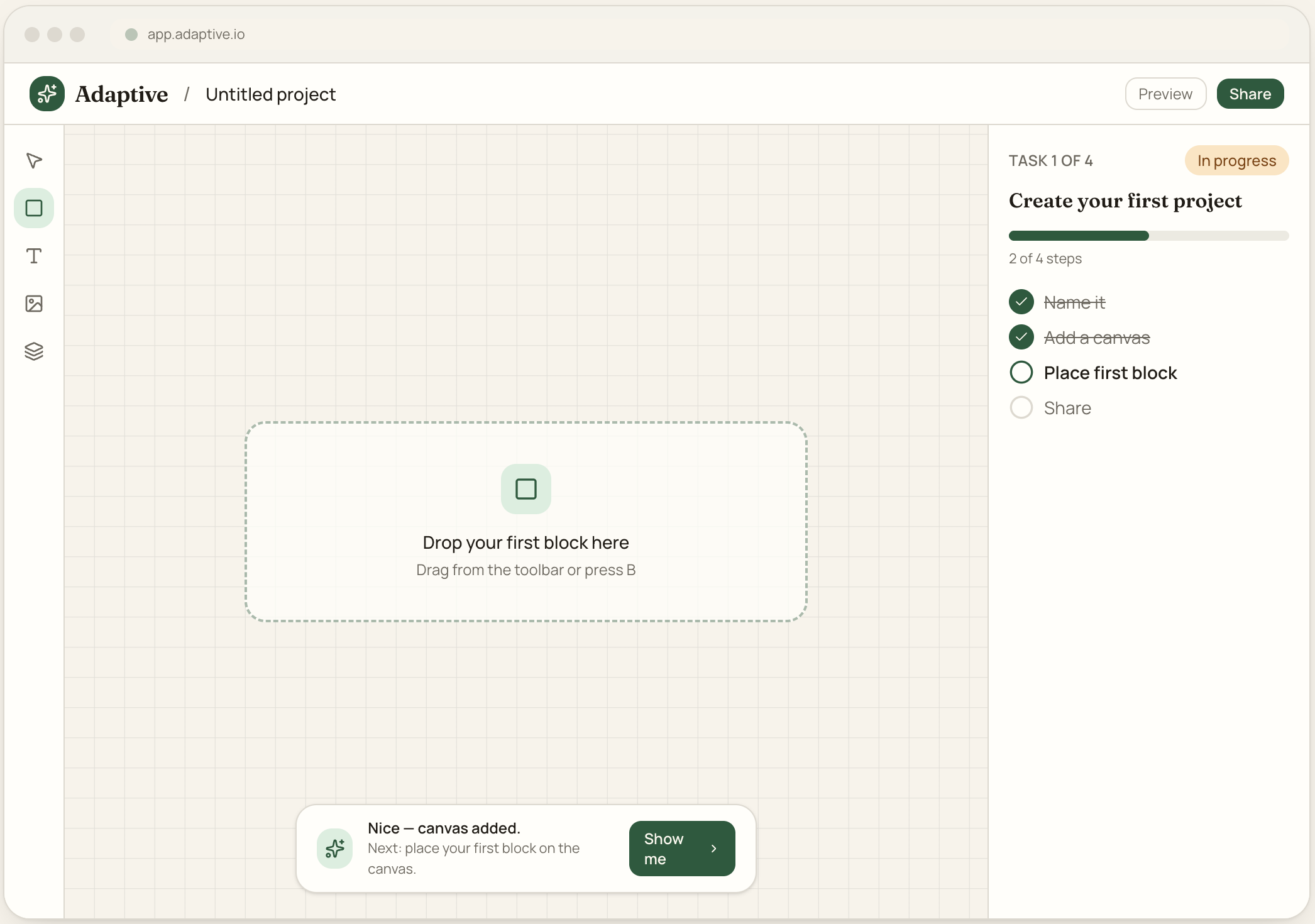 Screenshot of a project management app with the title 'Untitled project' and steps to create a new project, including adding a canvas and placing the first block.