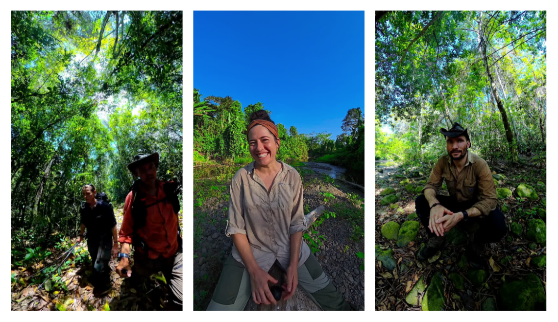 Three photos of people exploring a lush green jungle with tall trees and dense foliage. The first photo on the left shows two individuals walking through the jungle, one with a hat and backpack. The middle photo features a woman smiling and sitting on a ledge near a river, with vibrant green plants and clear blue sky in the background. The third photo on the right depicts a man sitting on the forest floor surrounded by moss-covered rocks and greenery, wearing a hat and outdoor clothing.