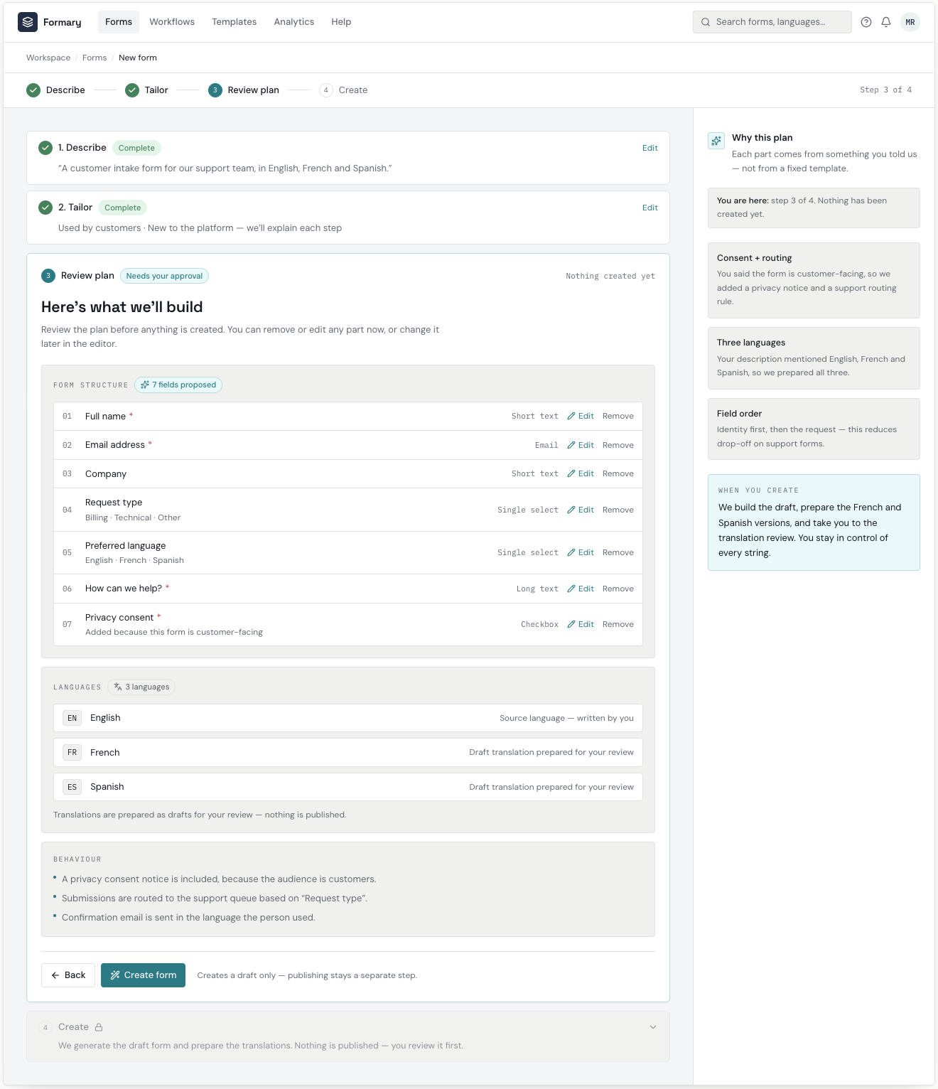 Screenshot of an online form creation or editing interface, showing steps including describing, tailoring, reviewing, and creating a customer intake form with multiple fields such as name, email, company, request type, languages, and privacy consent.
