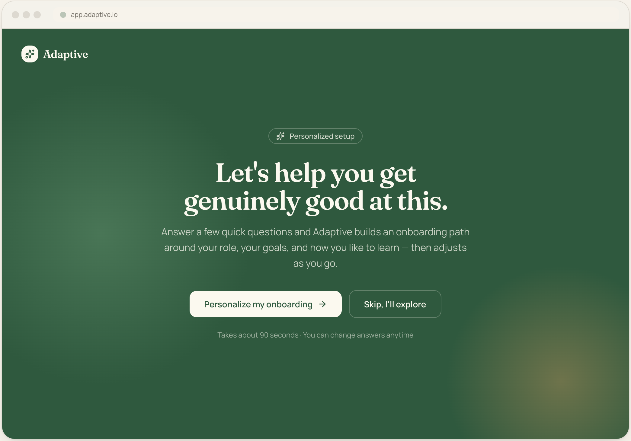 Screenshot of a webpage titled "Adaptive" with a message encouraging users to answer questions to build an onboarding path, and buttons labeled "Personalize my onboarding" and "Skip, I'll explore." The background is green with white text.