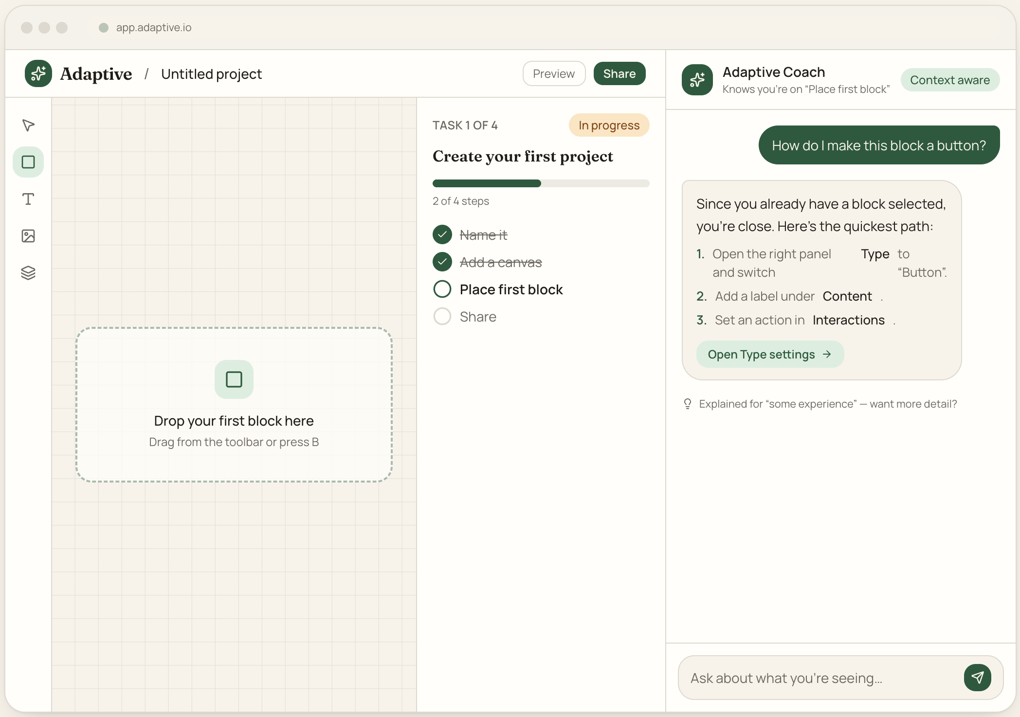 Screenshot of an online project management tool called Adaptive Coach, showing a task list with one task titled 'Create your first project' at 2 out of 4 steps completed, and instructions for making a block a button.