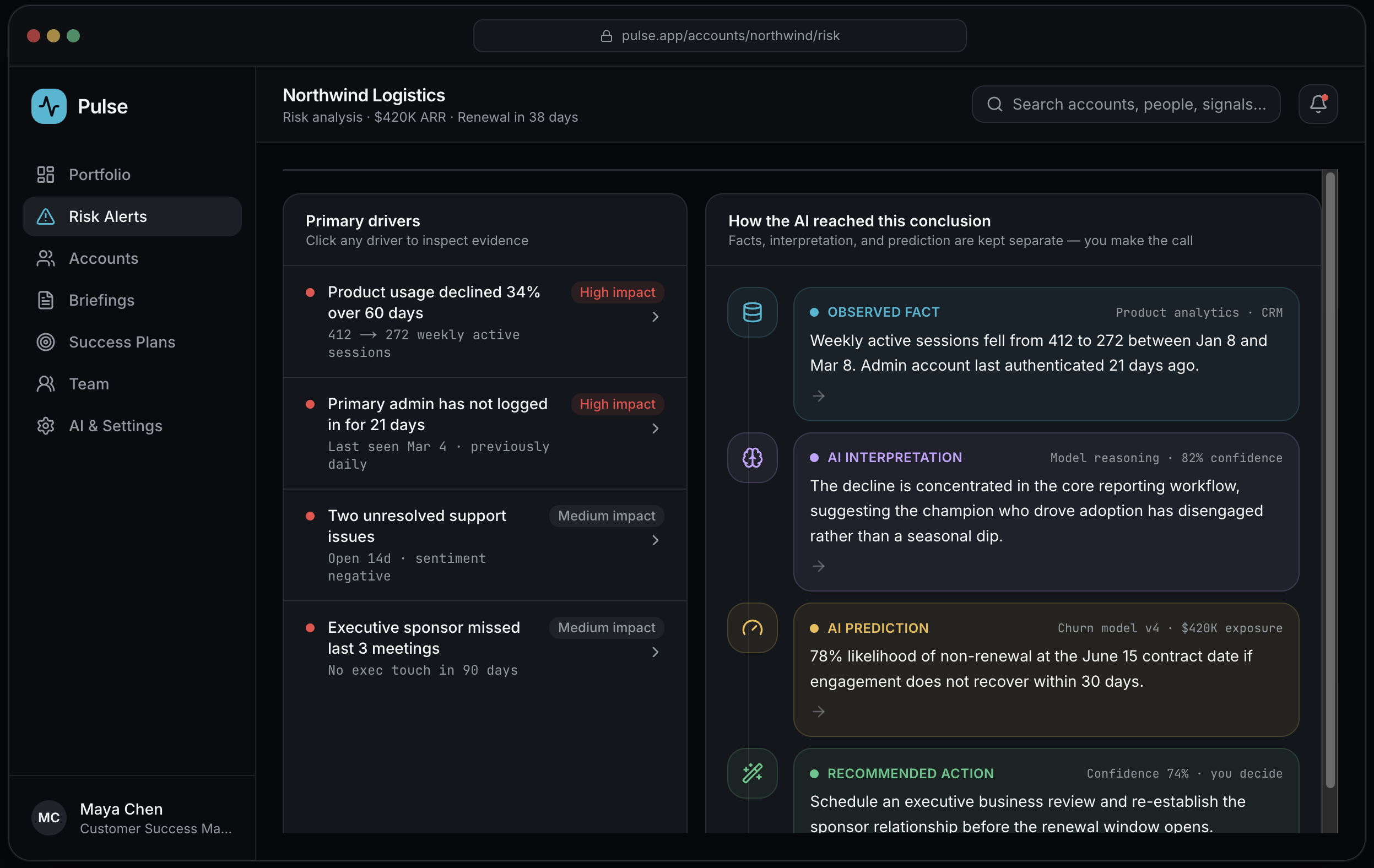 Screenshot of a computer screen displaying a web application dashboard for Pulse. The dashboard shows risk analysis data for Northwind Logistics, including risk alerts, primary drivers, and AI analysis with conclusions on product usage decline and support issues.