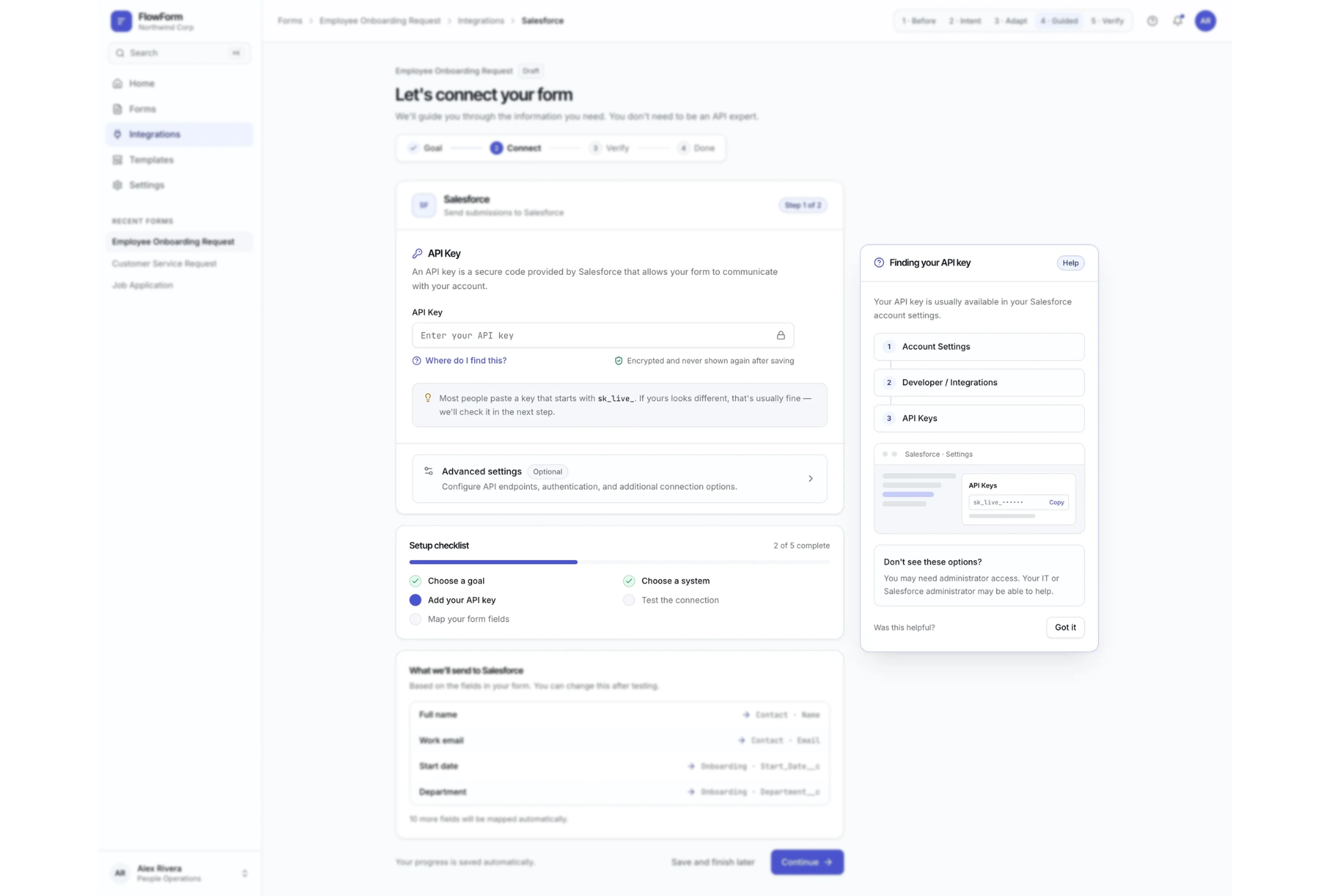 Screenshot of a web interface for connecting a form to Salesforce by entering an API key. The page includes sections for API key, advanced settings, and setup checklist, with a blue Continue button at the bottom.