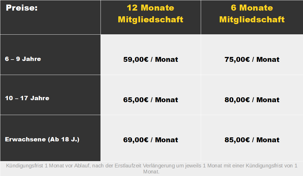 Preistabelle für Mitgliedschaft, monatliche Kosten je nach Altersgruppe und Laufzeit, mit kleinen Fußnote am unteren Rand.