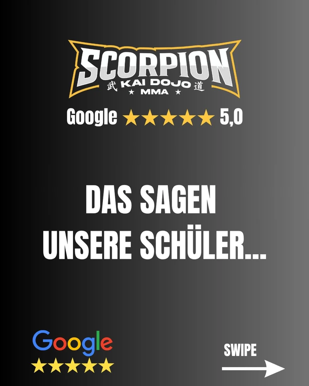 Vielen Dank f&uuml;r die vielen positiven Bewertungen und euer Vertrauen! 🙏

Wir freuen uns &uuml;ber jedes einzelne Feedback. Ein paar eurer Google Bewertungen haben wir hier zusammengestellt. 

Osu!🦂

Du m&ouml;chtest auch bei uns trainieren?

Si