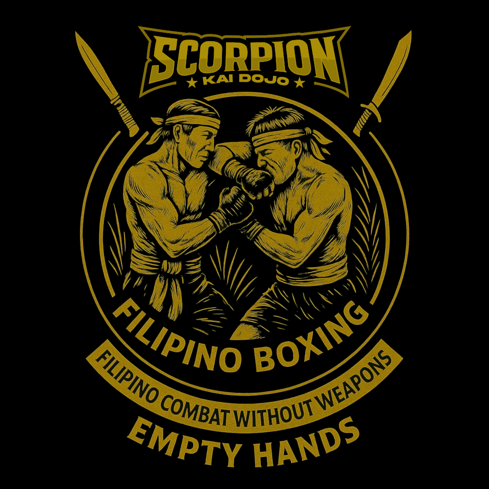 Grafik von zwei kämpfenden Männern, die sich die Hände geben, mit der Aufschrift 'Scorpion Kai Dojo', 'Filipino Boxing', 'Filipino Combat Without Weapons', und 'Empty Hands'.
