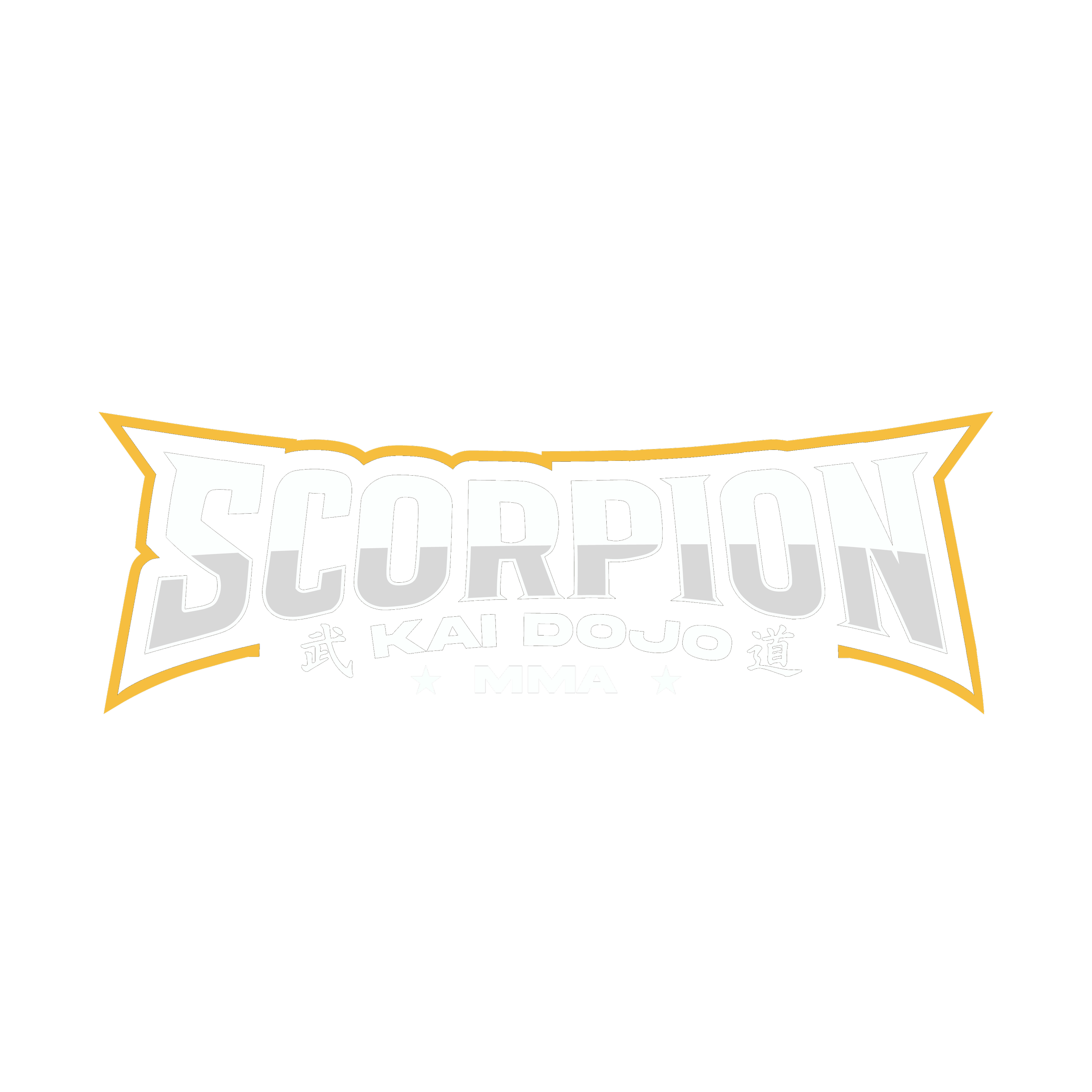 Logo für Scorpion Kai Dojo MMA, schwarz mit weißen, grauen und goldenen Akzenten.