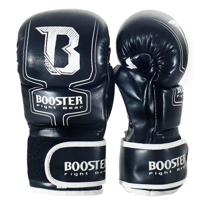 Schwarze Boxhandschuhe mit weißen und grauen Akzenten und dem Label 'BOOSTER Fight Gear'
