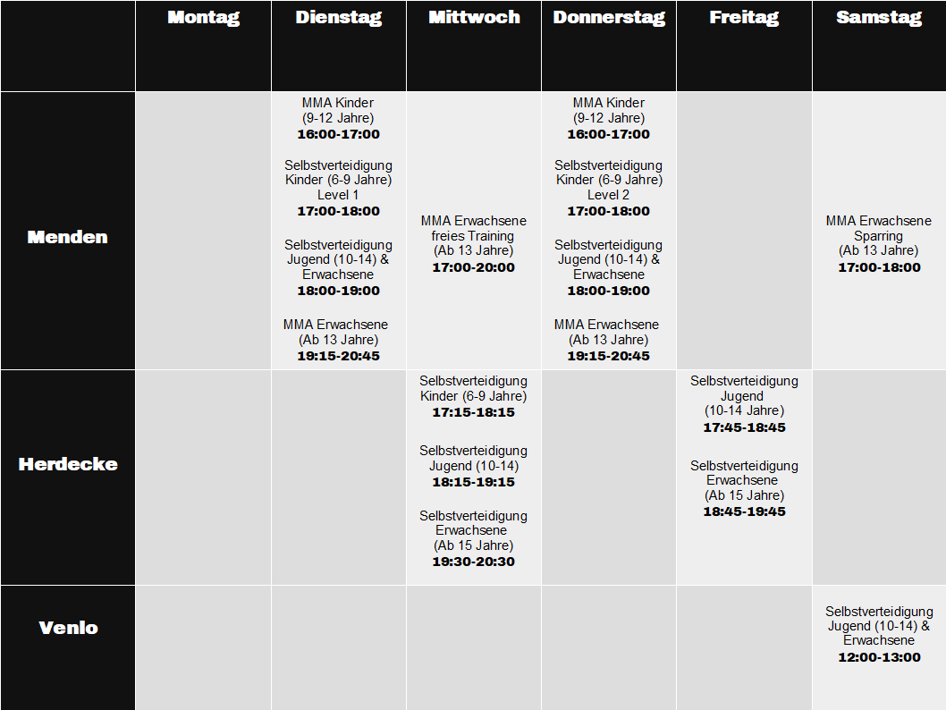 Wochenplan mit verschiedenen Kursen und Trainings in den Bereichen MMA, Selbstverteidigung und Sparring, aufgeteilt nach Tagen und Altersgruppen.