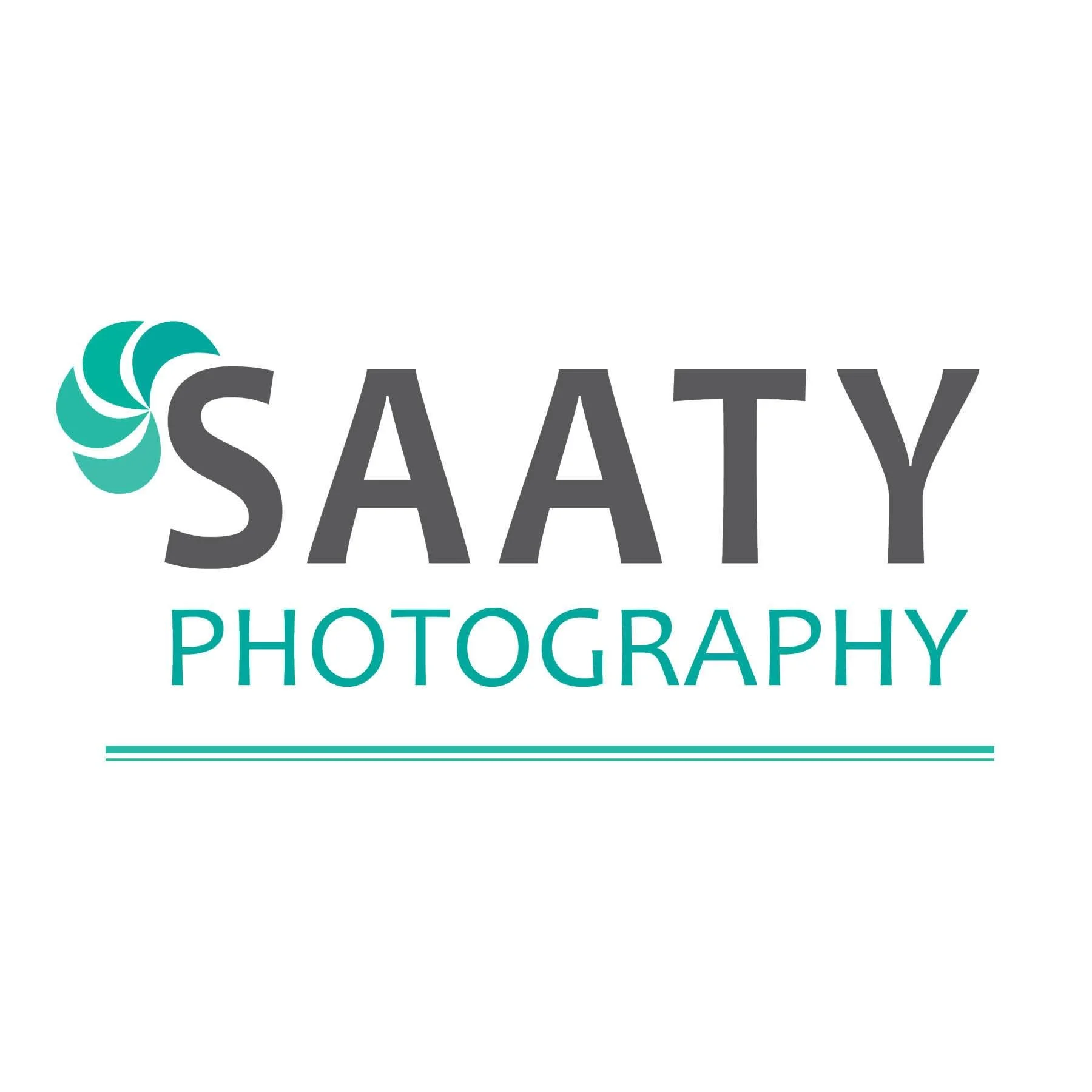 A graphic logo for Saaty Photography in grey and teal text with a camera aperture design.