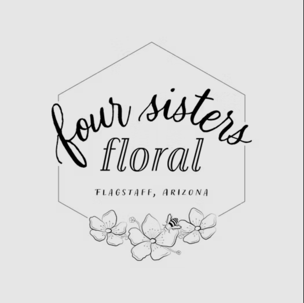 A graphic logo with the text Four Sisters Floral and simple black and white flowers.