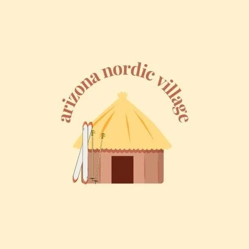 A graphic logo for the Arizona Nordic Village showing a orange and yellow yurt with skis on a light yellow background.