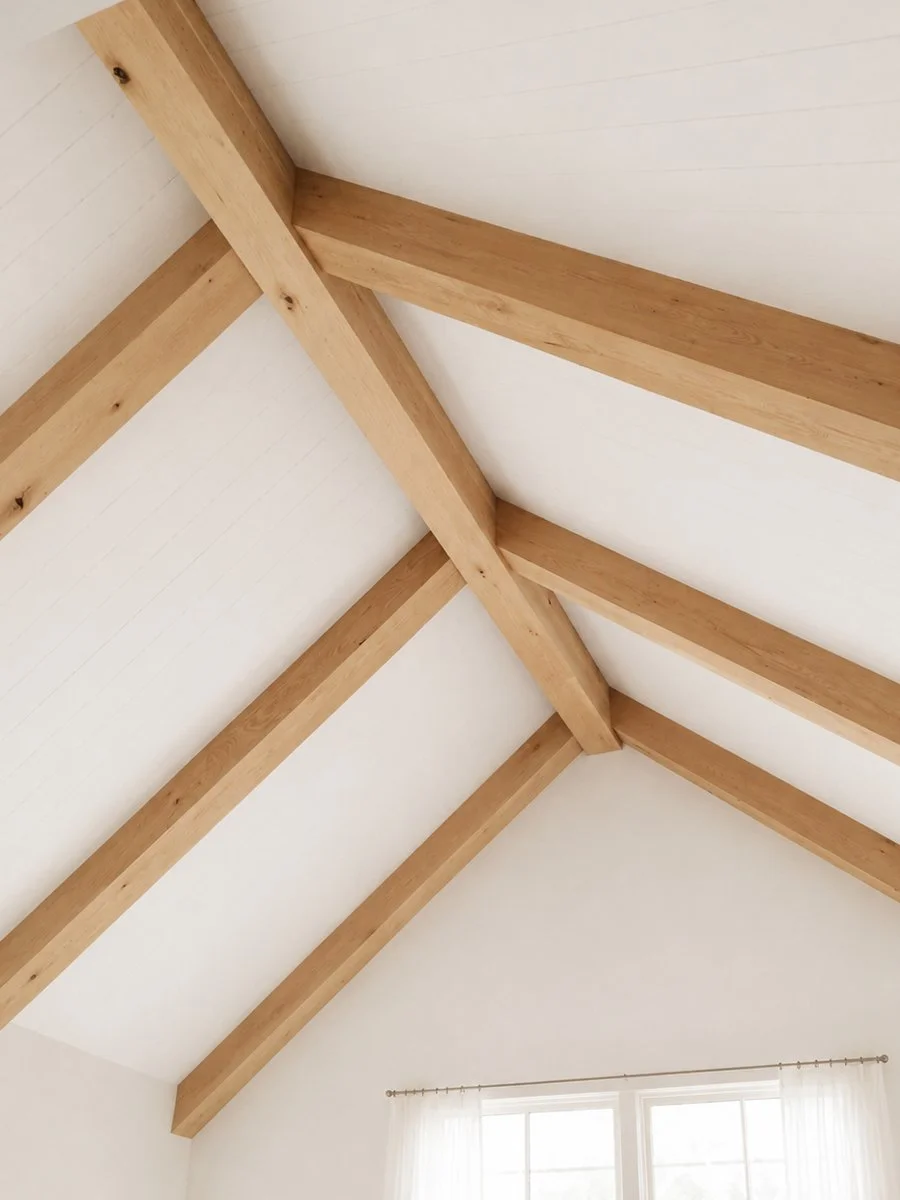 Faux Beams on Ceiling made from reclaimed wood and stained clear water-based no VOC finish