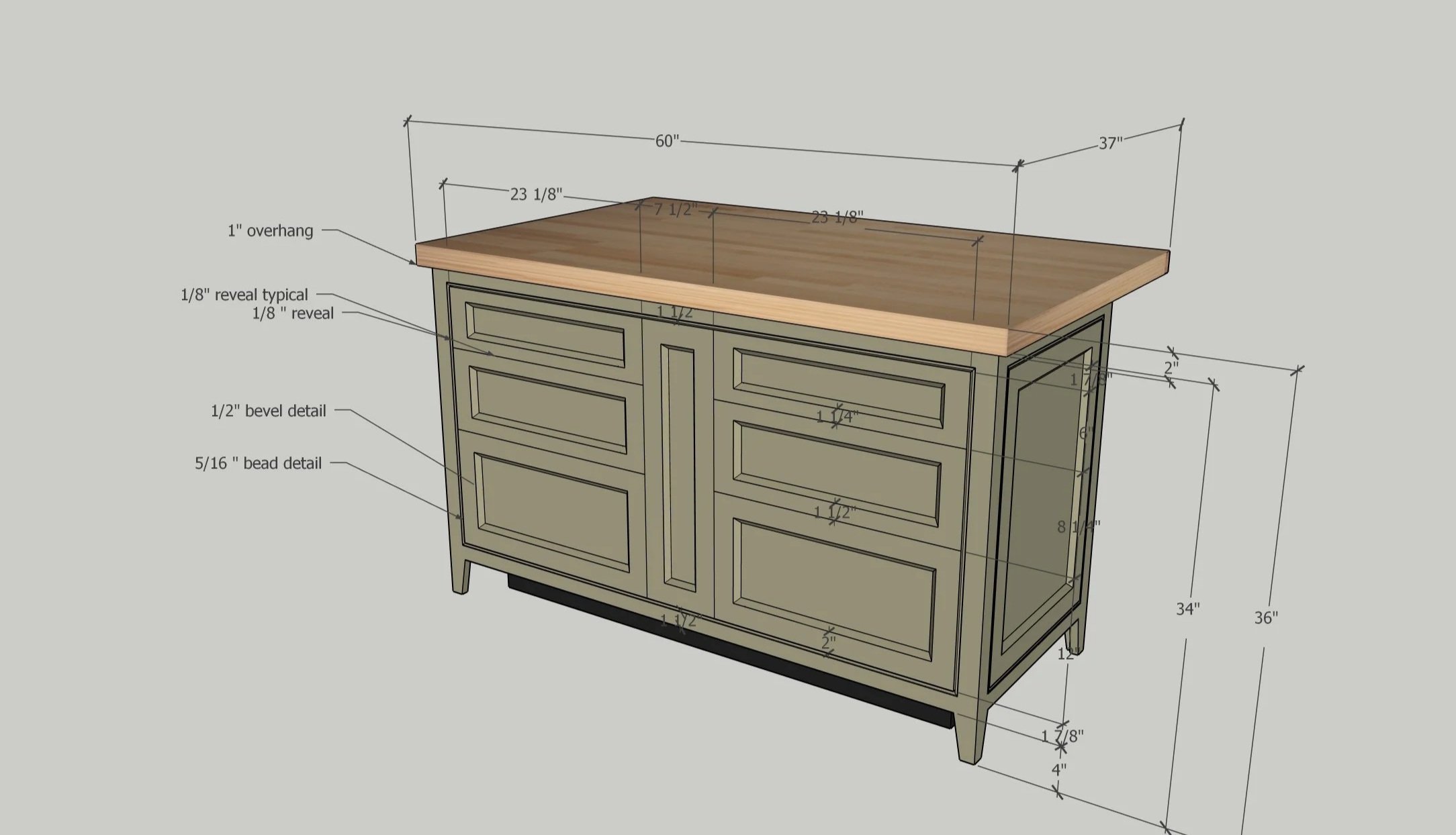 CAD rendered image specifying overall measurements for island project. Given to client before construction begins. Created by ETaylor&Co