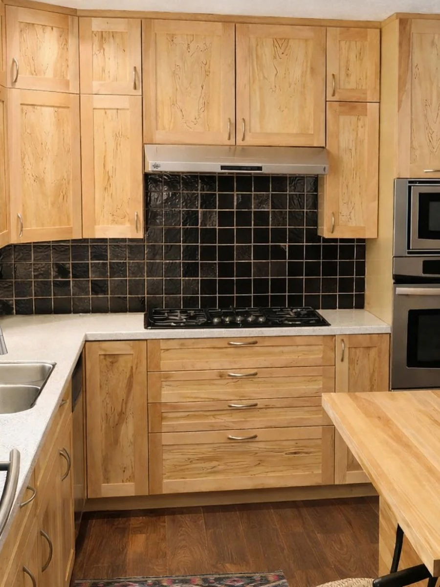 Book-matched spalted maple custom cabinetry kitchen project constructed by ETaylor&Co
