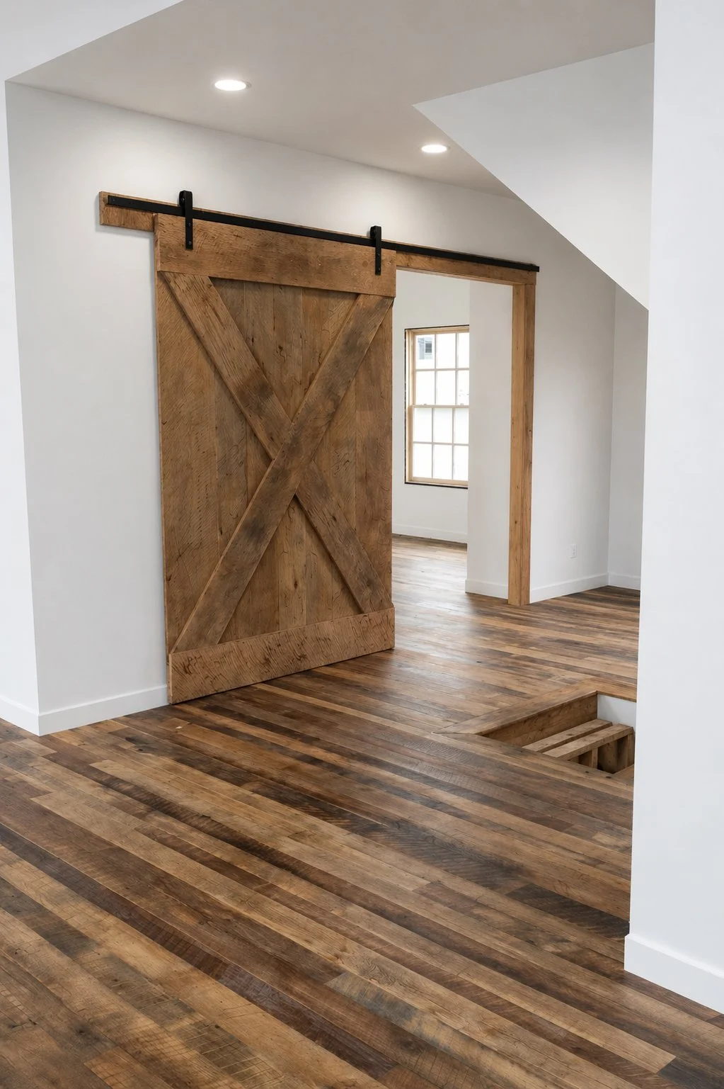 Rustic oak reclaimed wood custom flooring and barnwood sliding door and frame created by ETaylor&Co