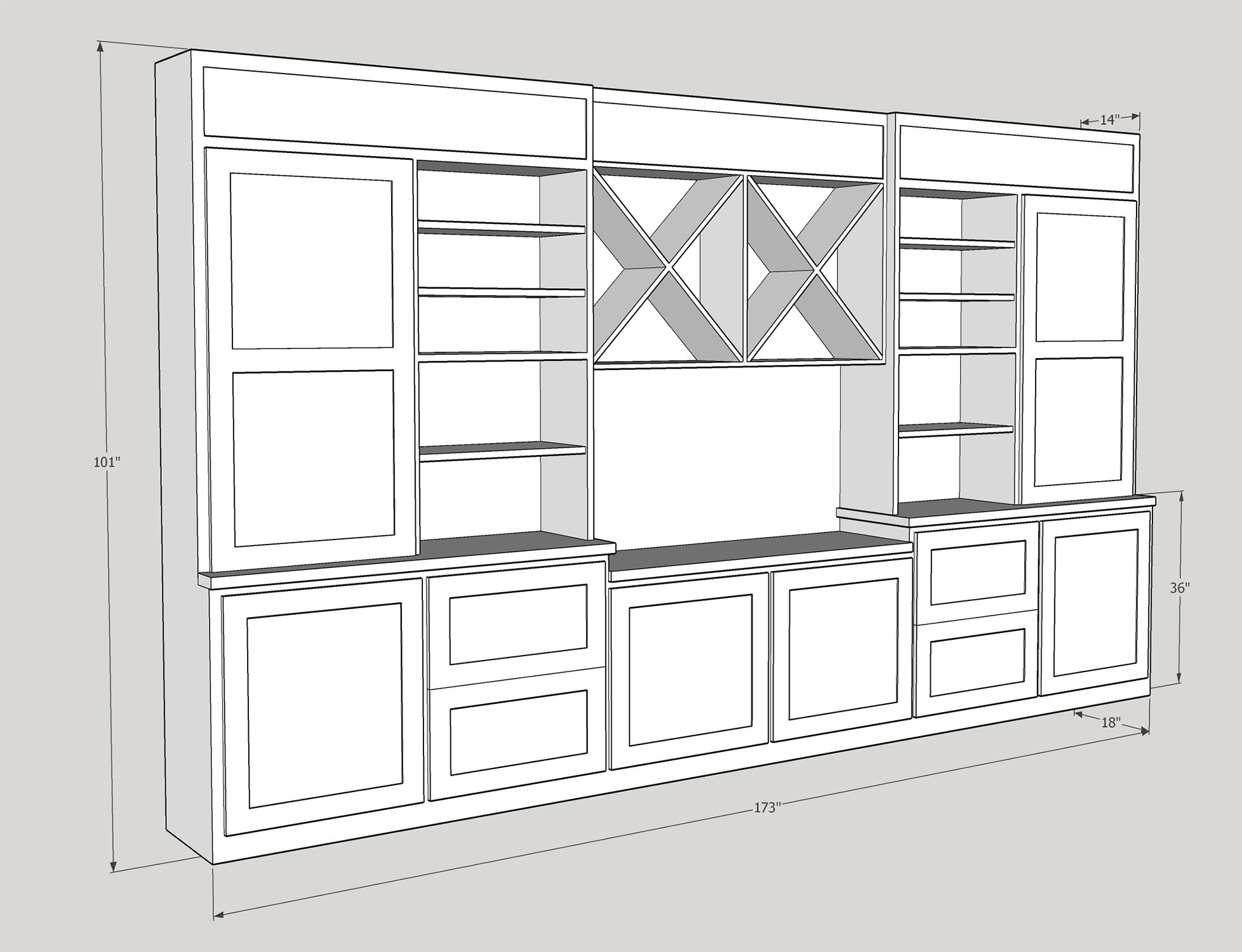 Computer render by ETayorCo of the right three-quarter view of built-in cabinetry