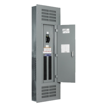 Electrical panel in a metal enclosure with an open door