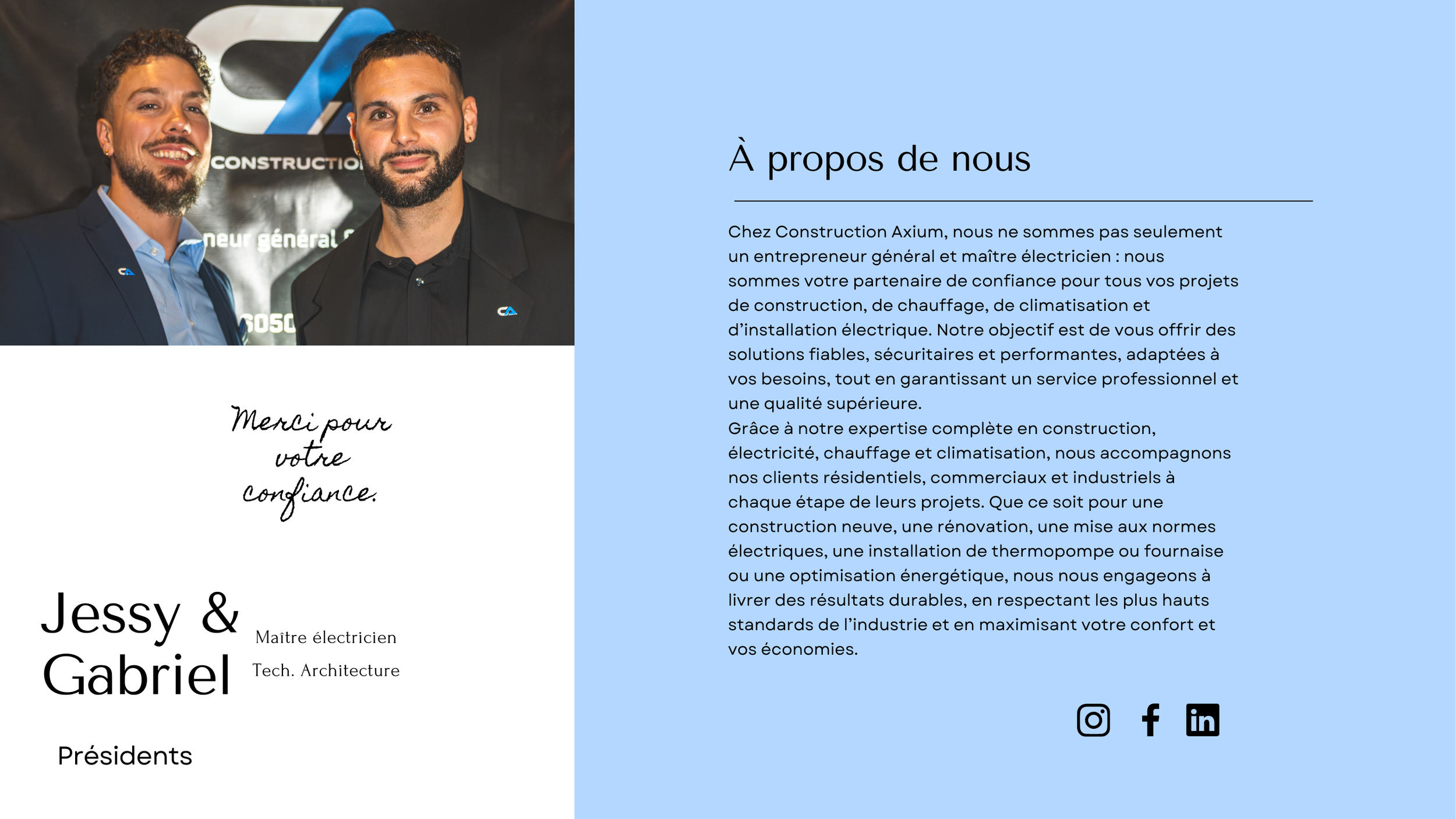 Jessy et Gabriel, présidents de Construction Axium - À propos de nous
