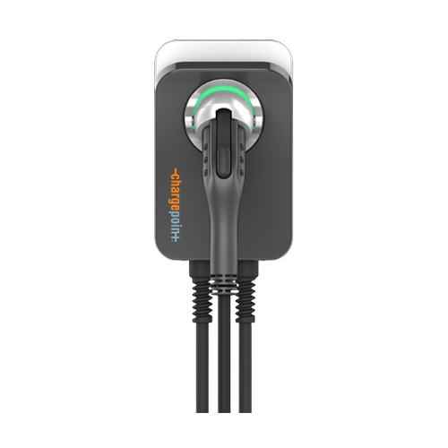 Electric vehicle charging station wall unit with cables and a logo on the front.