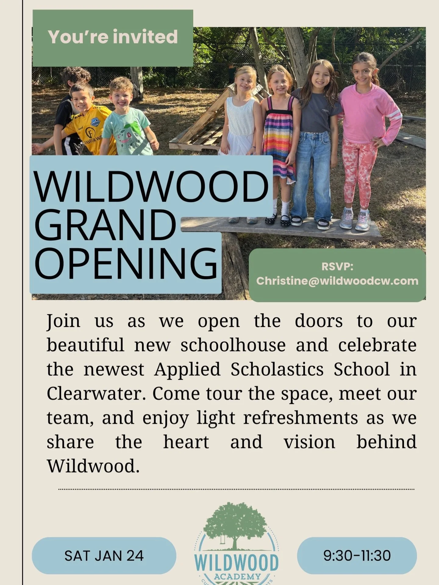 ✨ Grand Opening at Wildwood! ✨ January 24th &bull; 9:30&ndash;11:30 AM Light refreshments will be served 🌿
We are overjoyed to open the doors of our beautiful schoolhouse and share the heart, hard work, and countless dreams that built Wildwood. This