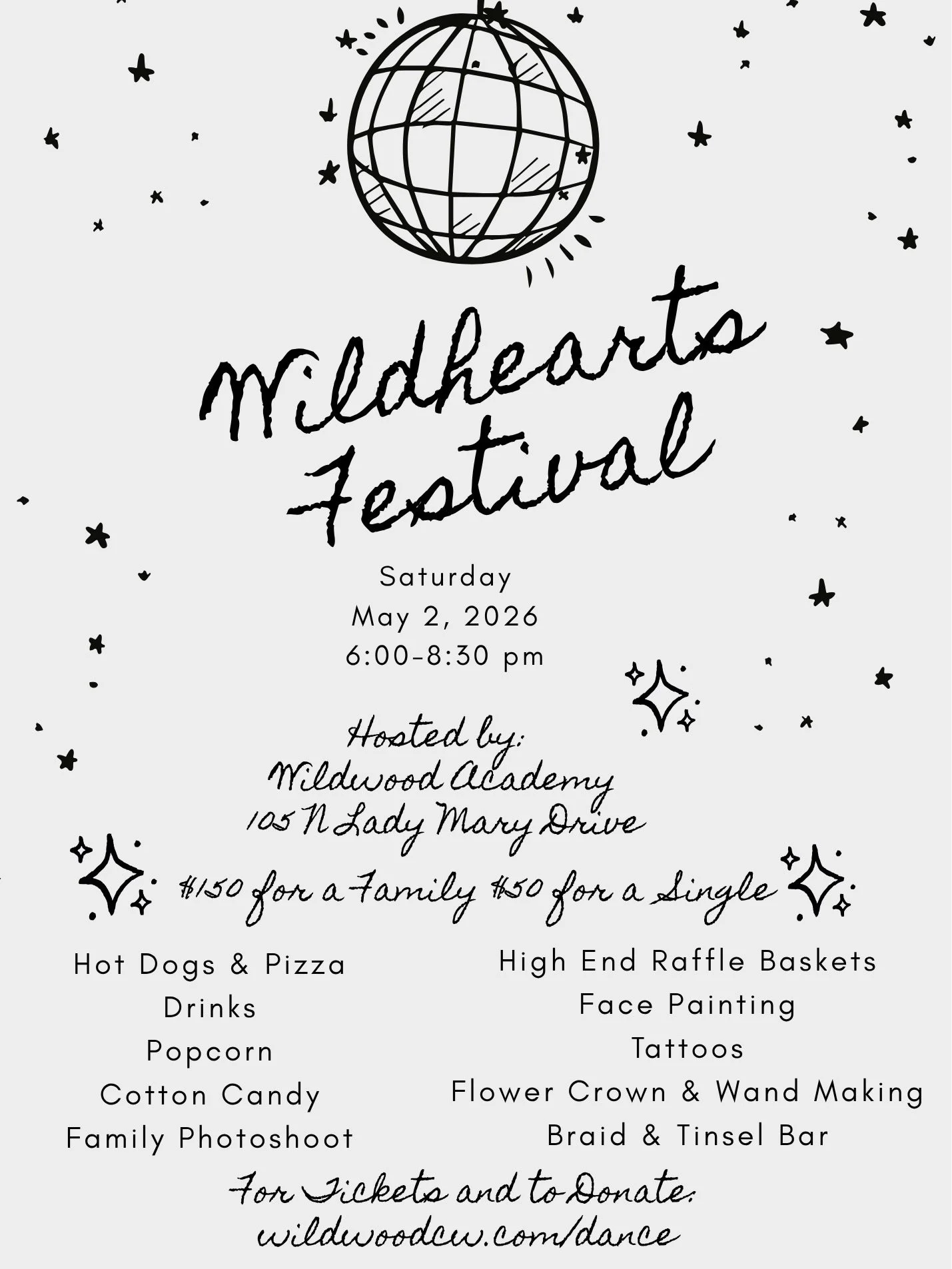 DISCO BALL IS DROPPING 🪩✨
Wildhearts Festival is almost here!!
Saturday May 2nd! 

🎶 Dancing
🎨 Face painting + tattoos
🌸 Flower crowns &amp; tinsel
🍕 Food + treats
🎟️ Amazing raffle baskets

Grab your people and come party with us under the sta