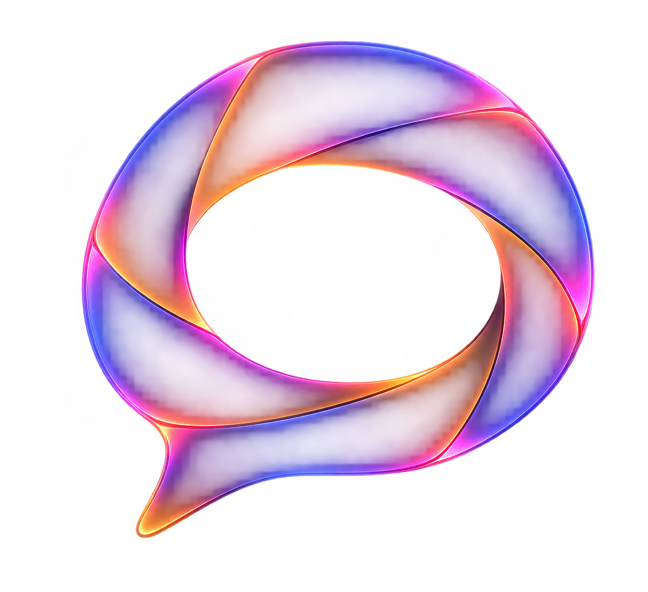 Icono de una burbuja de diálogo con un diseño holográfico colorido, que parece emitir luz y tiene un fondo negro.