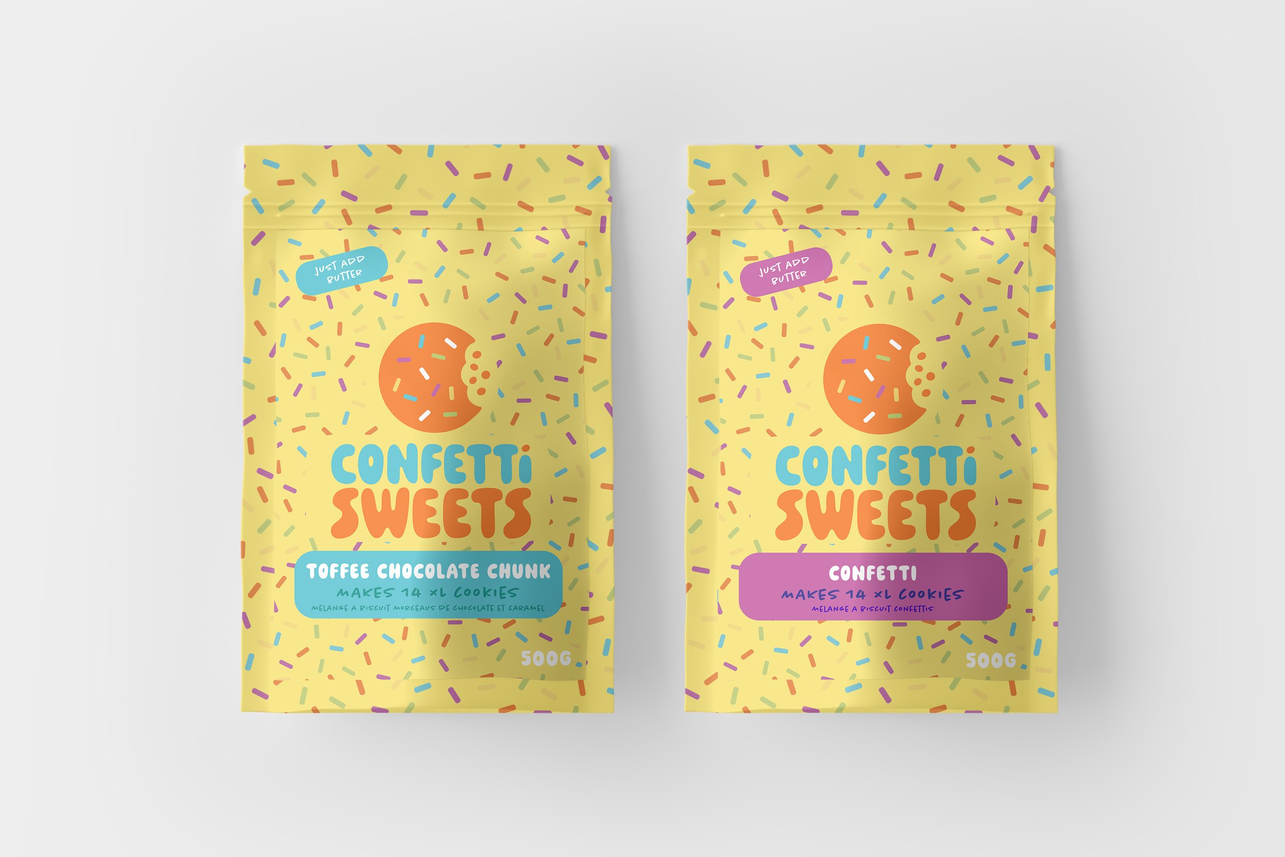 For this corporate ID and branding class, we had to redesign an existing company's identity and collateral. website. Confetti Sweets is cookie company based in Sherwood Park. The colourful palette of neutral sprinkles and macaroons inspires the aest